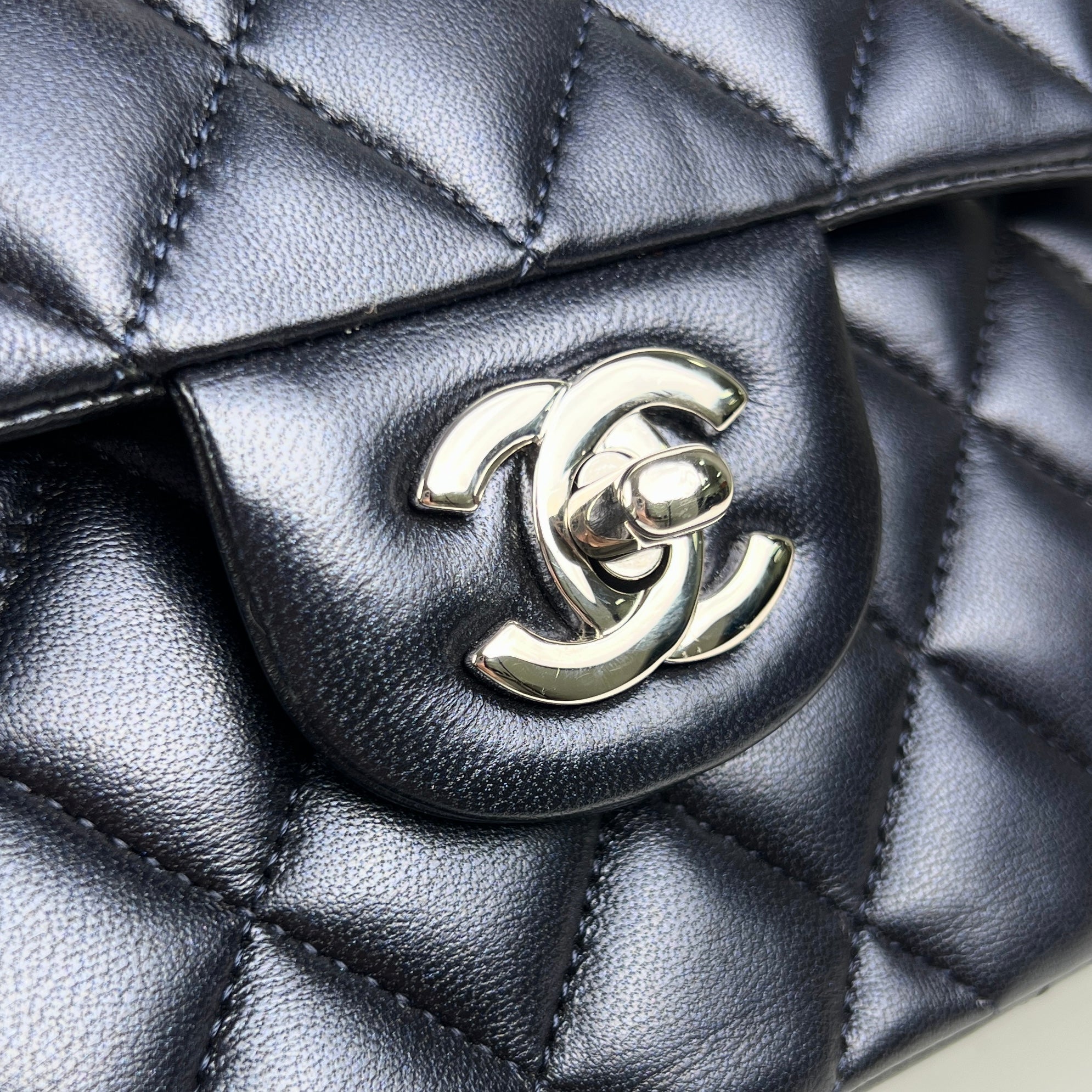 Chanel Small Double Classic Flap Bag in Metallic Navy Blue - Luxury Crossbody Purse for Women, Perfect for Evening Events & Date Nights