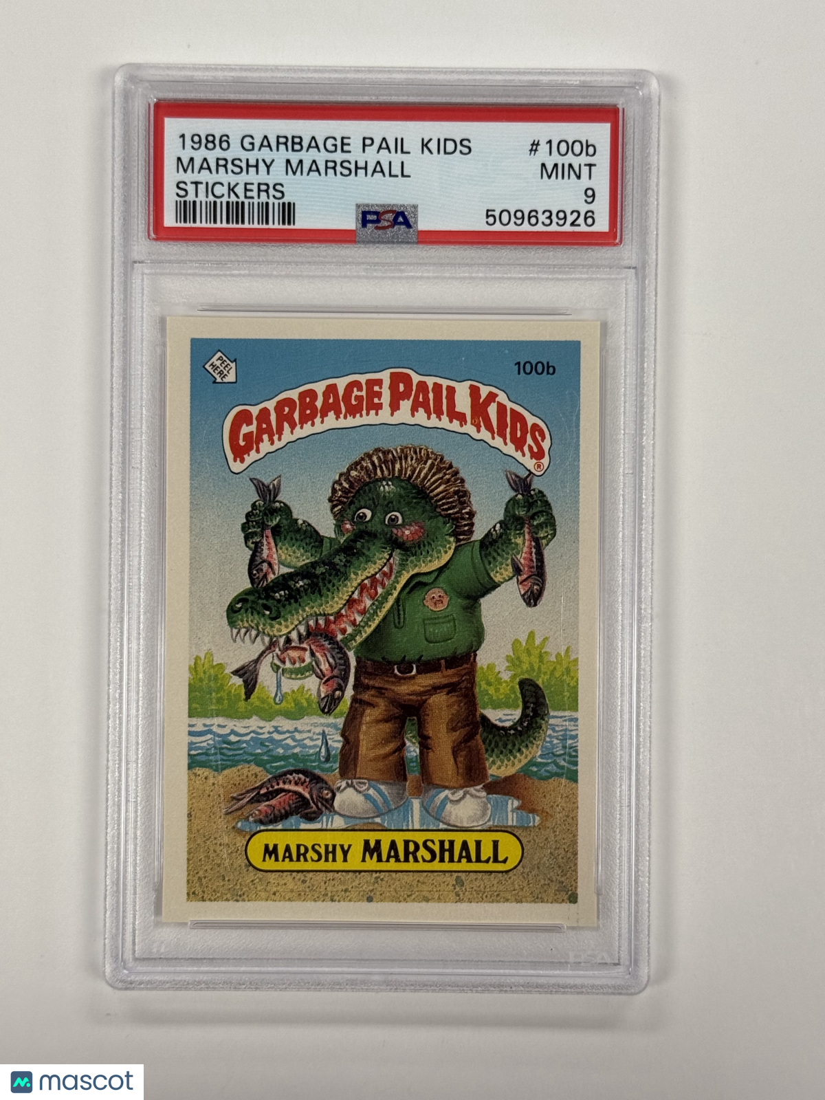 1986 Garbage Pail Kids Stickers Marshy Marshall #100b PSA 9 Mint Condition - Rare Vintage Collectible Trading Cards for Kids & Adults - Perfect for Display, Trading, and Nostalgic Gift Giving