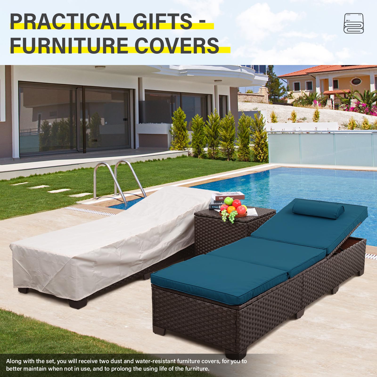 Outdoor PE Wicker Chaise Lounge Set of 3 - Brown Rattan Patio Furniture with Adjustable Backrest & Peacock Blue Cushions - Poolside Lounge Chairs with Storage Table for Backyard, Garden, and Beach Relaxation