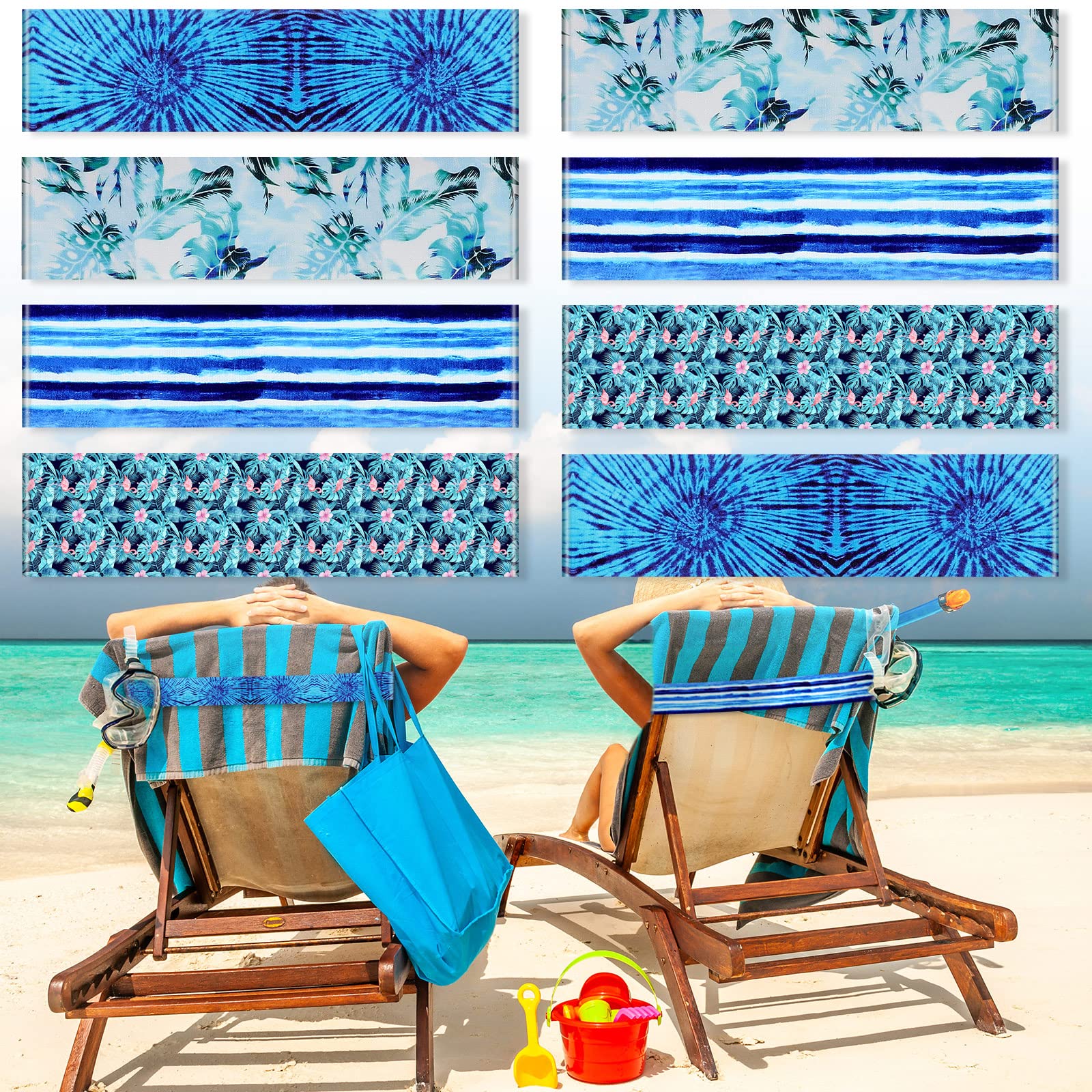 8 Pack Large Windproof Elastic Towel Bands for Beach Chairs - 15.75