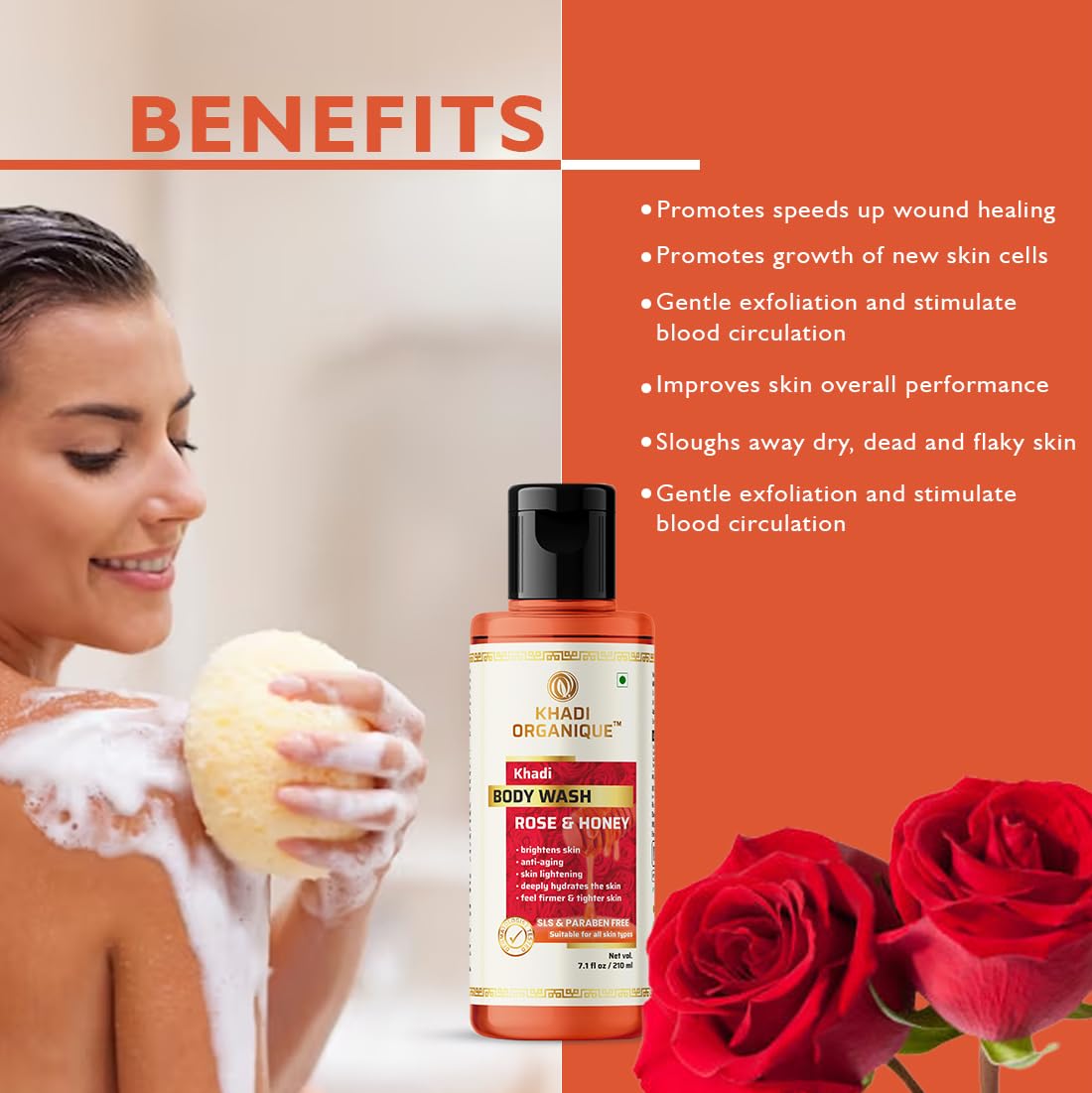 Khadi Organique Rose & Honey Body Wash - SLS & Paraben Free, 210ml - Hydrating & Nourishing for Dry Skin - Perfect for Daily Shower & Spa Relaxation