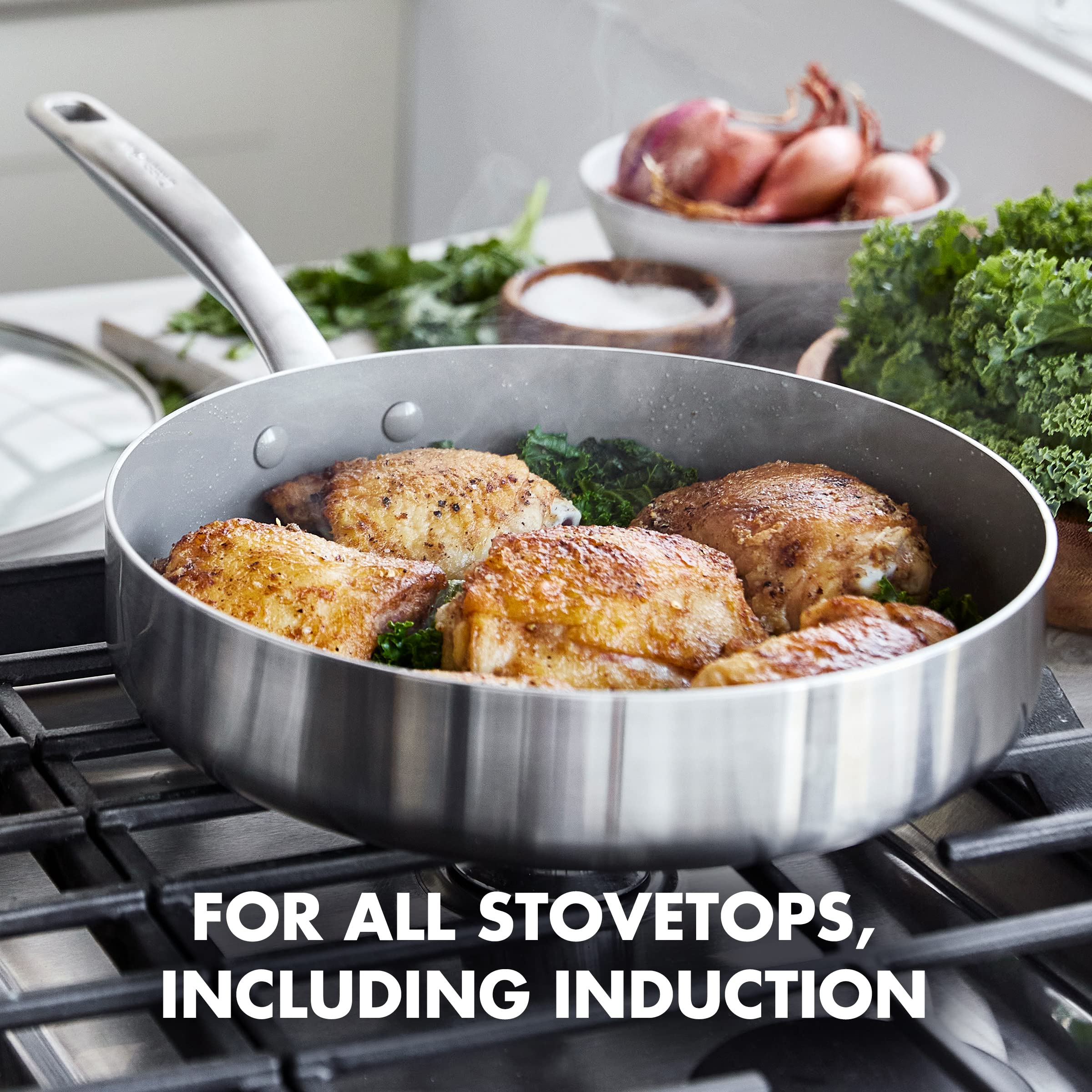 GreenPan Chatham 12-Piece Tri-Ply Stainless Steel Cookware Set - PFAS & PFOA-Free Healthy Ceramic Nonstick Coating, Induction Compatible, Oven & Dishwasher Safe for Everyday Cooking & Professional Kitchens