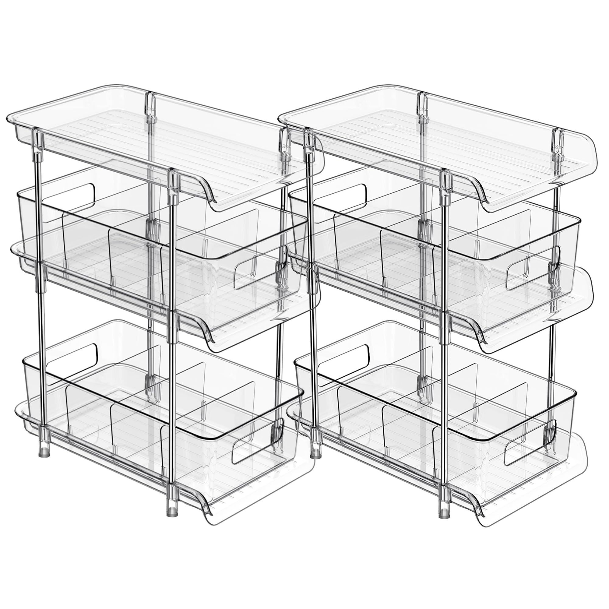 2-Pack 3-Tier Clear Bathroom Organizer with Dividers - Pull-Out Pantry Storage for Under Sink, Vanity & Closet - Perfect for Skincare, Cosmetics & Medicine Organization (Space-Saving Multi-Purpose Home Solution)