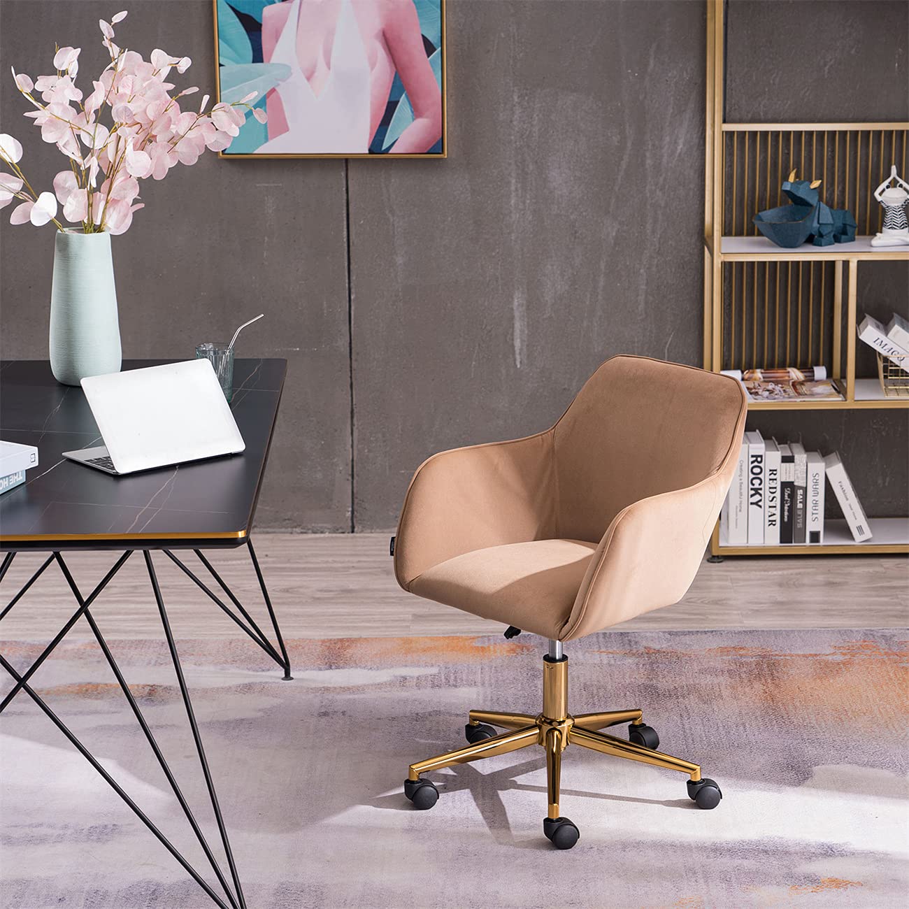 Ergonomic Swivel Office Chair with Wheels & Adjustable Armrests - Modern Velvet Task Chair for Home Office, Bedroom & Workspace - Light Coffee Computer Desk Chair for Comfort & Productivity