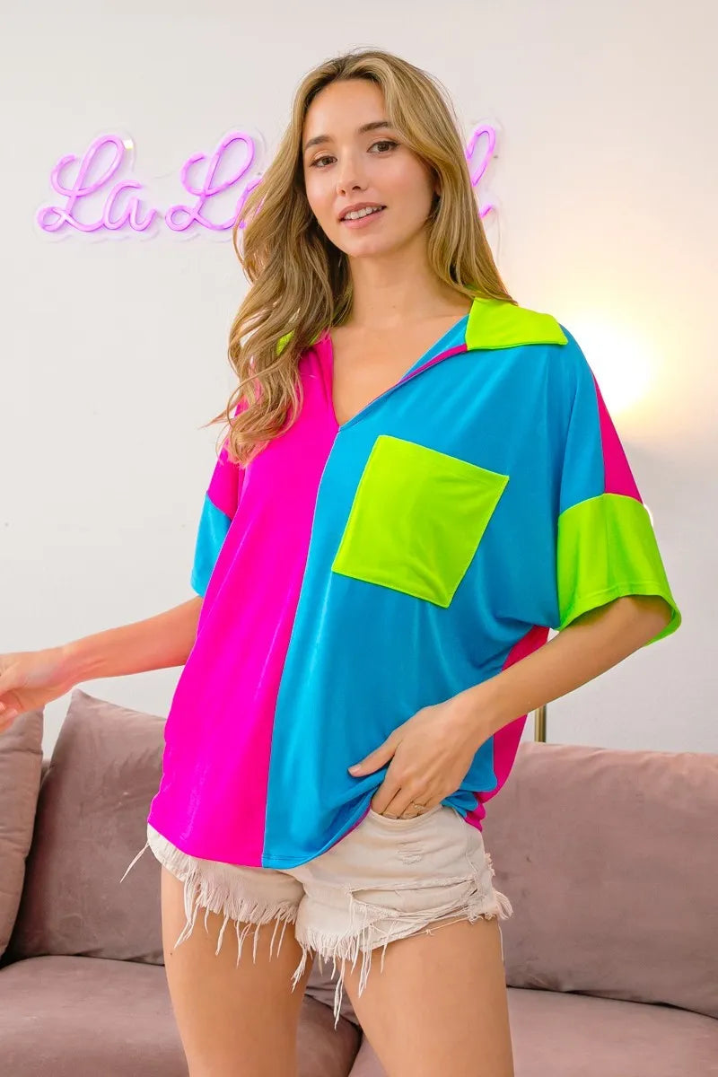 BiBi Slinky Knit Color Block V-Neck Top for Women | Trendy Casual & Party Wear | Perfect for Office, Date Night & Weekend Outings