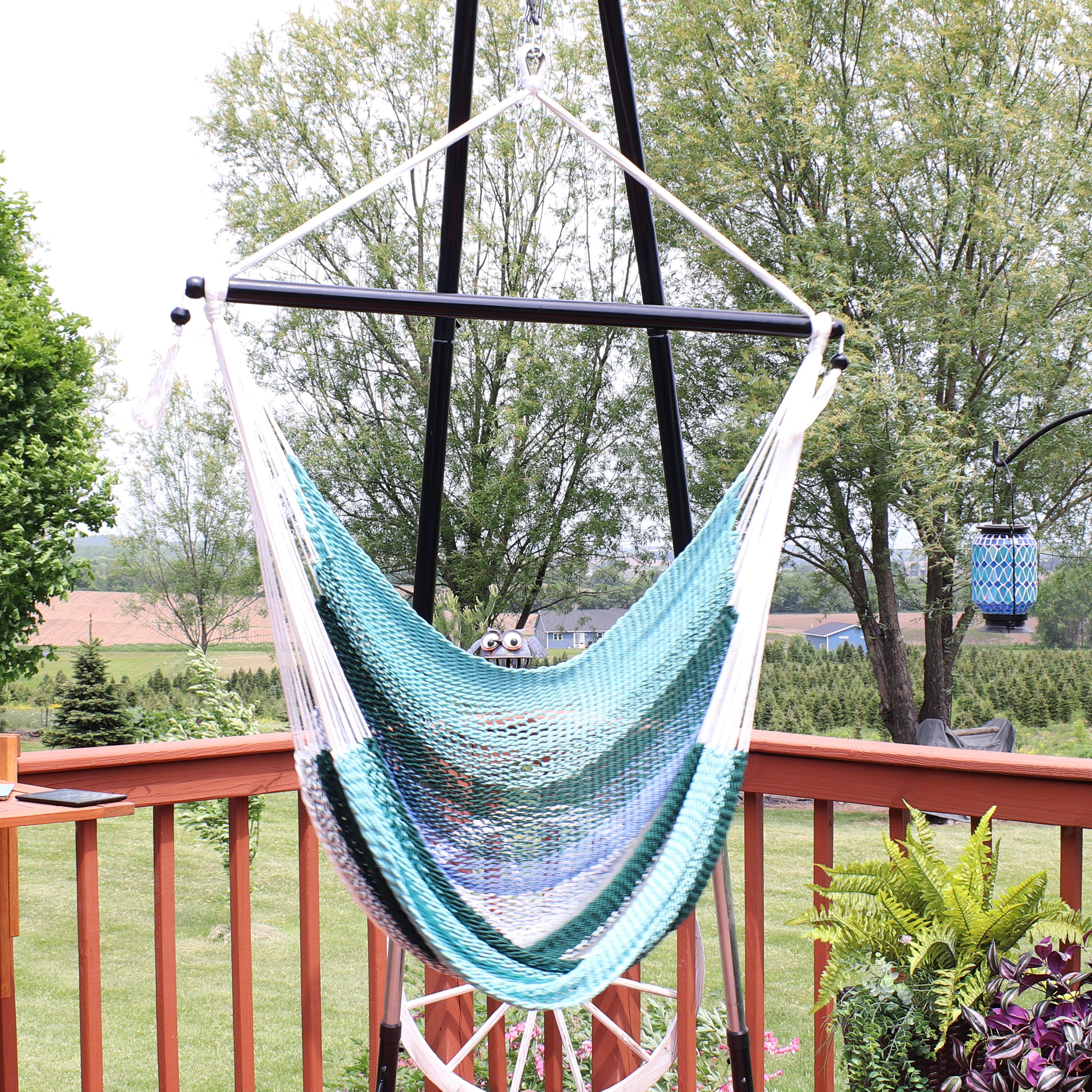 Sunnydaze Polyester Caribbean Hanging Hammock Chair - Lagoon Stripes Design for Indoor & Outdoor Relaxation - Perfect for Patio, Garden, Backyard, and Poolside Use