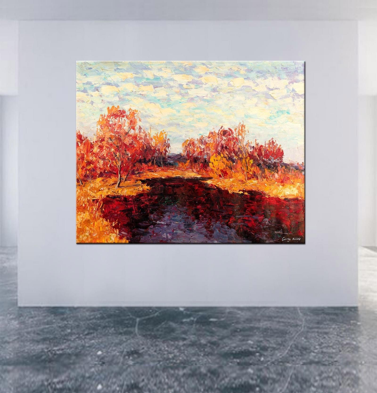 Handmade Oil Painting Autumn Wood Landscape Wall Art - 32x40 Inches Oversized Contemporary Art for Living Room, Bedroom & Office Decor