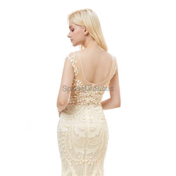 Off White Scoop Neck Lace Beaded Mermaid Evening Prom Dress - Elegant Formal Gown for Homecoming, Ball, and Special Occasions