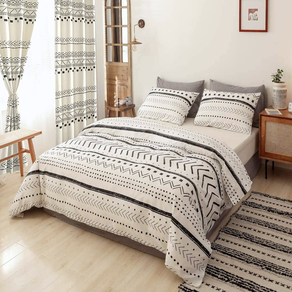 Farmhouse Curtains for Living Room & Bedroom - Neutral Country Semi Blackout Boho Drapes in Off White, Ivory Cream & Black - 84 Inch Length - Perfect for Cozy Farmhouse Decor & Light Control