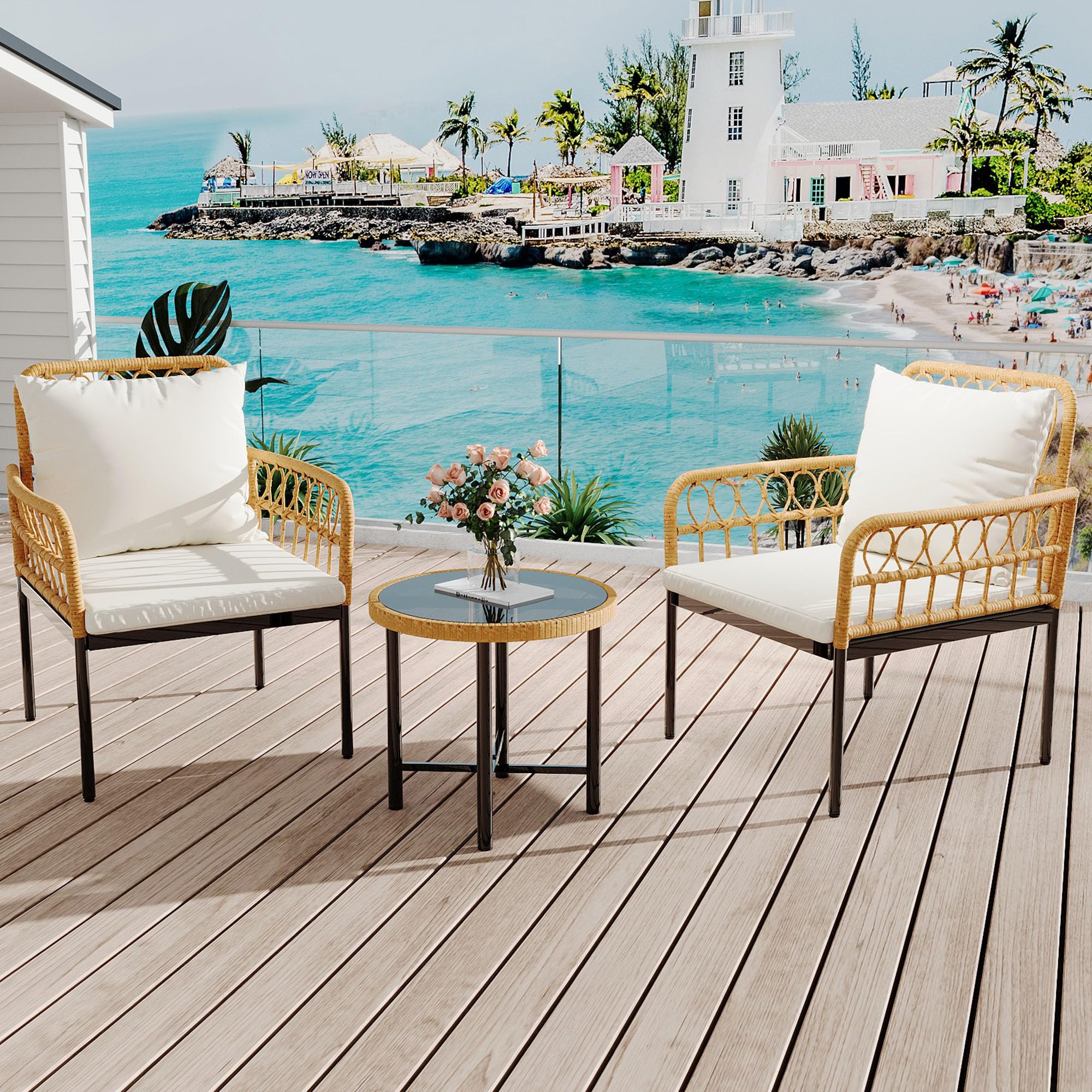 GARVEE 3-Piece All-Weather Wicker Patio Bistro Set with Glass Top Coffee Table & Cushioned Chairs - Boho Outdoor Furniture for Backyard, Garden, Balcony, Poolside - Perfect for Relaxing, Entertaining & Outdoor Dining (Beige)