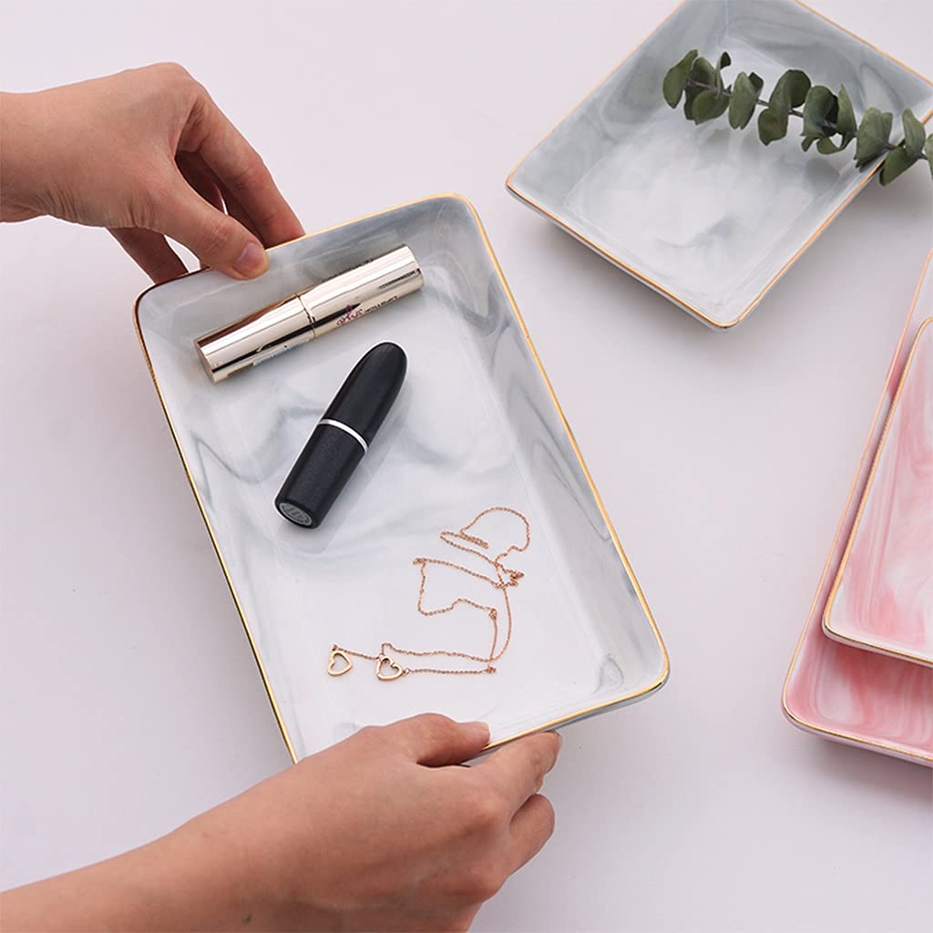 YANGU Pink Marble Ceramic Jewelry Dish Tray - Rectangle Vanity Organizer for Bathroom, Dresser & Bathtub | Perfect for Jewelry, Rings, Perfume, Cosmetics & Shampoo Storage | Elegant Home Decor & Gift Idea