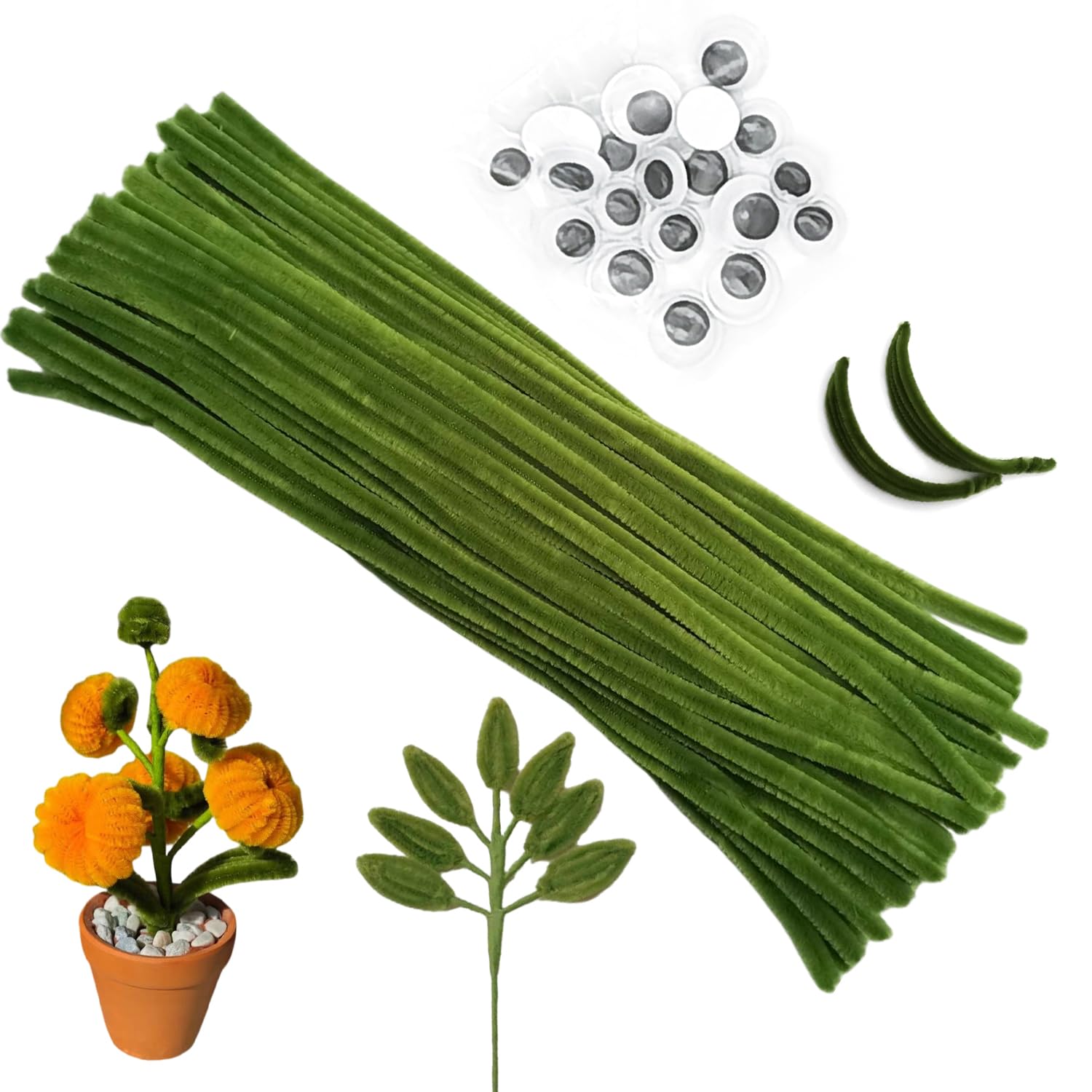100pcs Olive Green Pipe Cleaners with 20pcs Googly Eyes - Chenille Stems for DIY Crafts, Arts Projects & Holiday Decorations - Perfect for Kids Activities, Classroom Projects & Christmas Ornaments