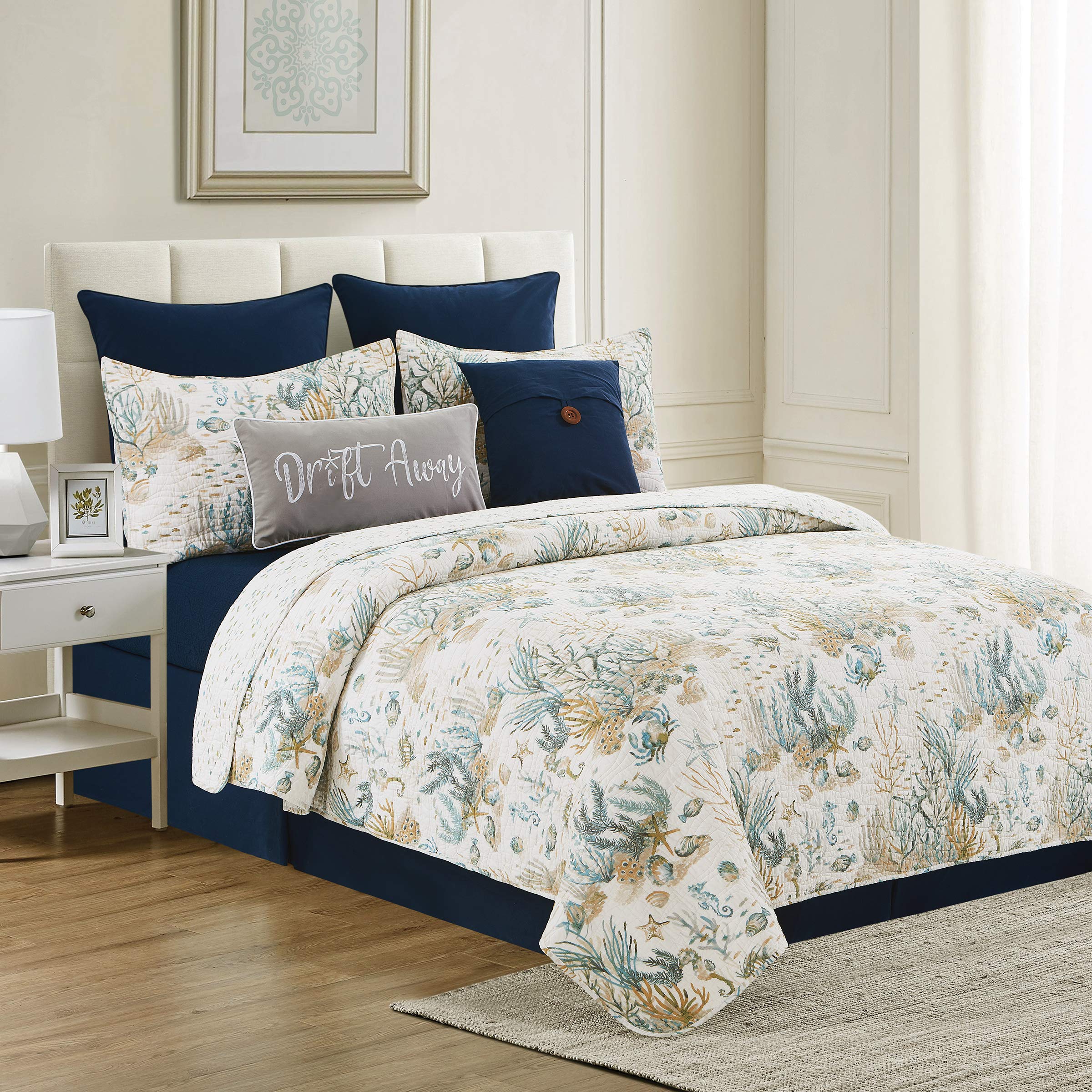C&F Home Cerulean Shores 3-Piece Coastal Bedding Set - Reversible Seashells, Fish, Crab & Starfish Pattern Quilt Set | Full/Queen Size | Machine Washable Cotton | Perfect for Beach House, Nautical Theme Bedroom & Coastal Decor