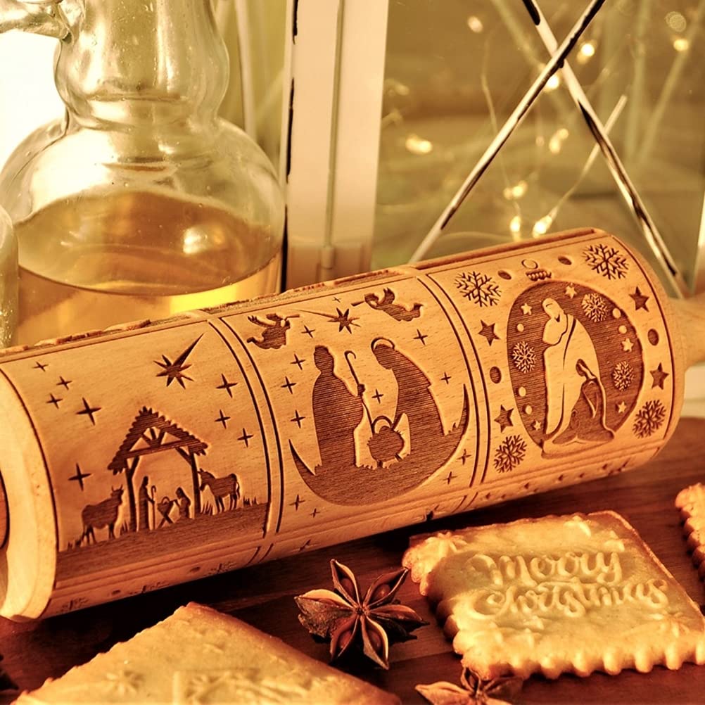 Christmas Nativity Embossing Rolling Pin - Wooden Non-Stick Cookie Dough Roller for Holiday Baking | Perfect for Christmas Cookies, Gingerbread, and Festive Pastry Making