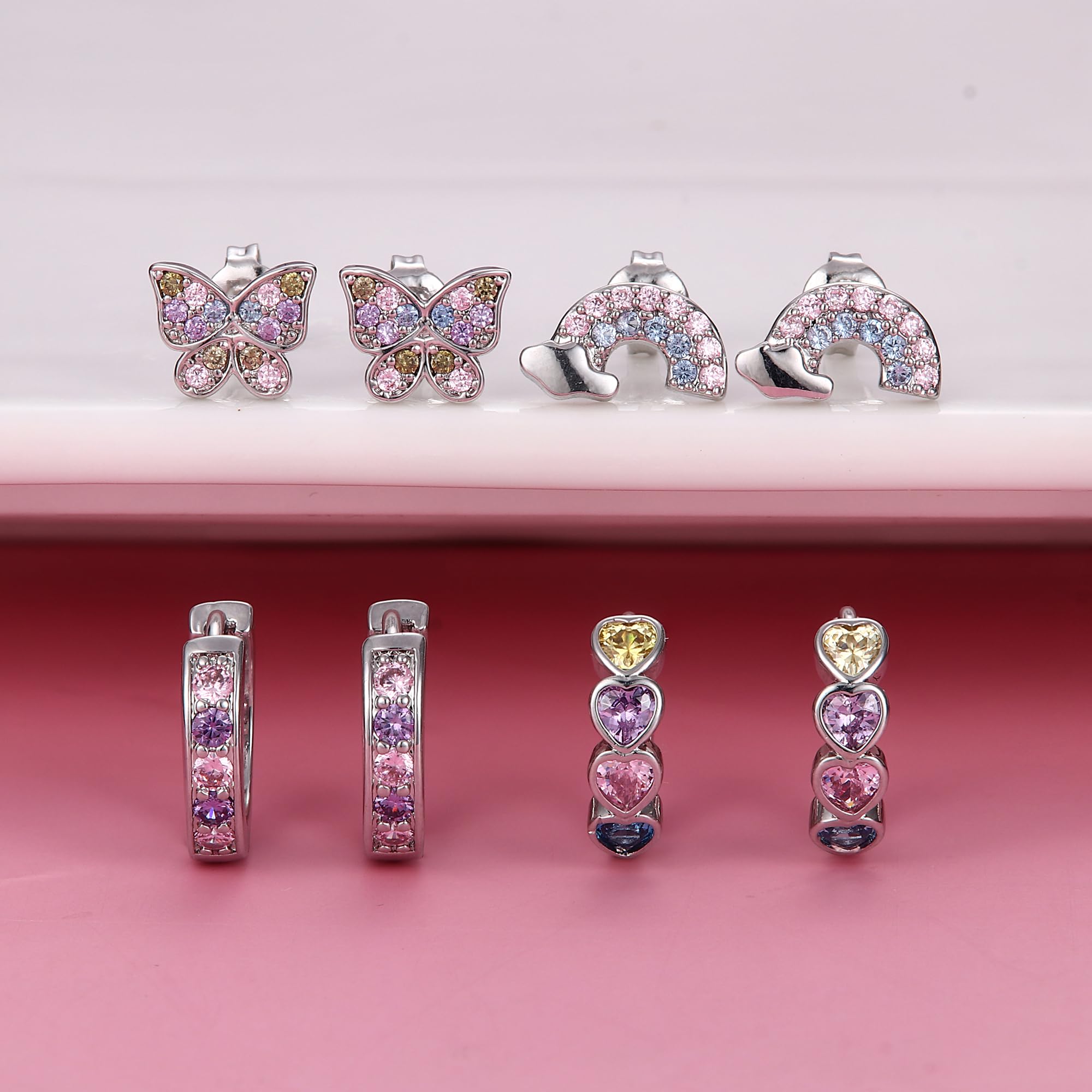 Adramata 4 Pairs 925 Sterling Silver Stud Earrings for Women & Girls - Butterfly & Heart Cartilage Earrings Set | Hypoallergenic Hoop & Stud Earrings | Perfect for Daily Wear, Gifts & Special Occasions