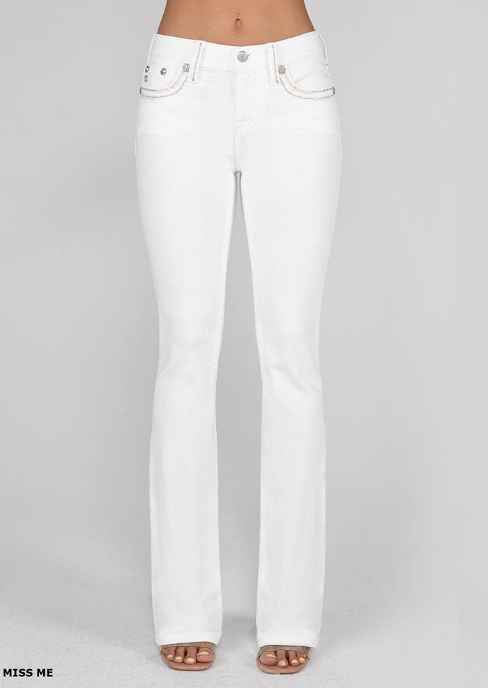Miss Me M5014B400 Women's Mid Rise Bootcut Jeans in White - Perfect for Casual Wear & Everyday Comfort