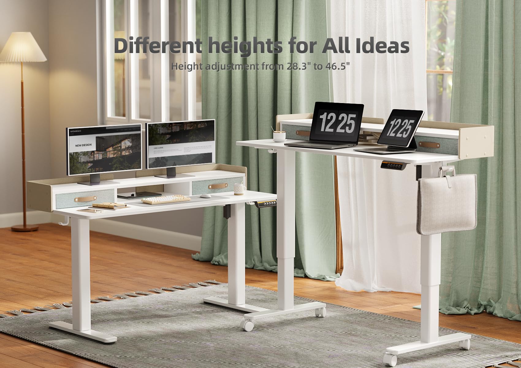 YDN 55 Inch Electric Standing Desk with Drawers - Adjustable Height Sit Stand Desk with Storage Shelf, White - Perfect for Home Office, Small Spaces & Ergonomic Workstations