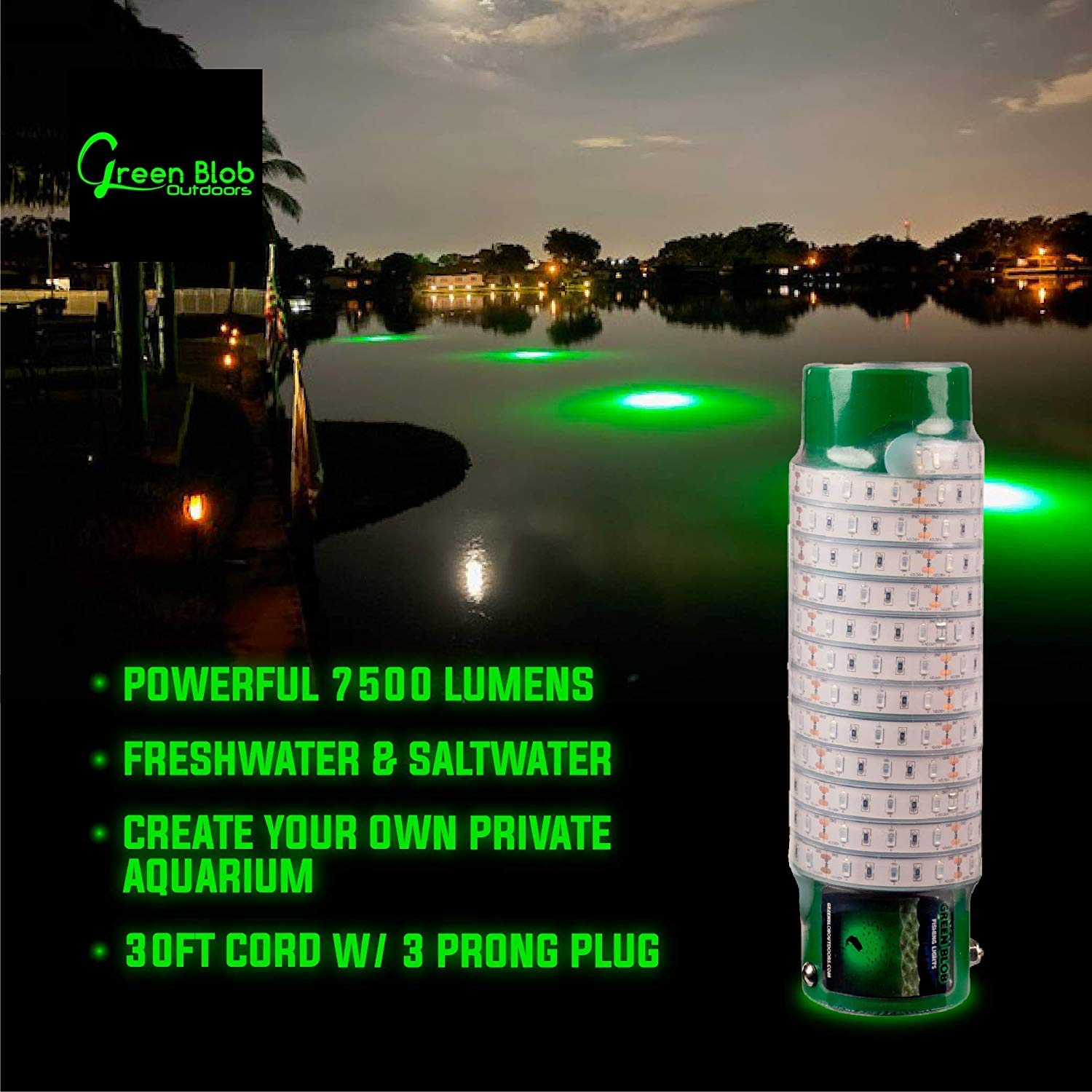 Green Blob Outdoors 7500 Lumens Blue LED Fishing Light with Timer - 30ft Cord Underwater Dock Light for Crappie & Snook (3-Prong Plug) - Perfect for Night Fishing, Boat Docks & Underwater Attraction