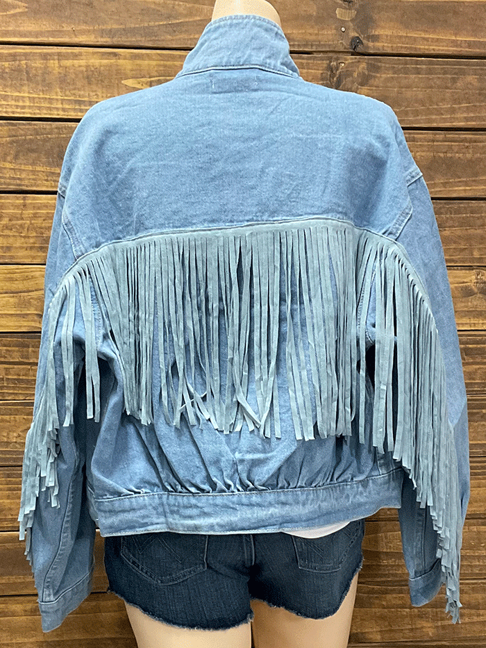 Fate FJ4302 Women's Light Medium Wash Fringe Denim Jacket - Stylish Outerwear for Casual Outings & Boho Fashion
