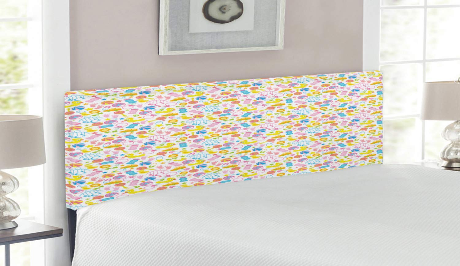 Ambesonne Cartoon Upholstered Headboard with Memory Foam - Queen Size Decorative Metal Bed Frame in Multicolor Floral & Toy Design - Perfect for Kids' Rooms, Nursery Decor, and Playful Bedroom Themes