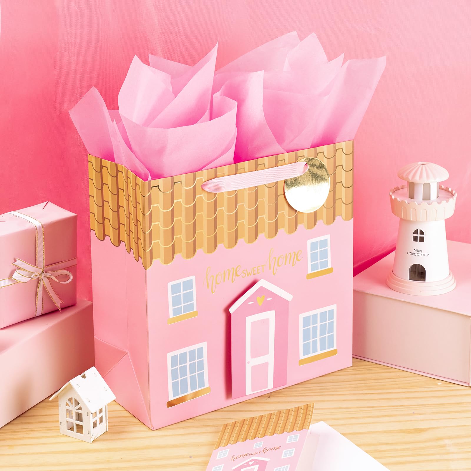 LeZakaa 10.4 Inch Pink House-Shaped Gift Bag Set with Tissue Paper, Gift Tag & Card - 3D House Sticker for Housewarming, New Home Gifts | Perfect for Welcome Parties, Bridal Showers & Holiday Present Exchanges