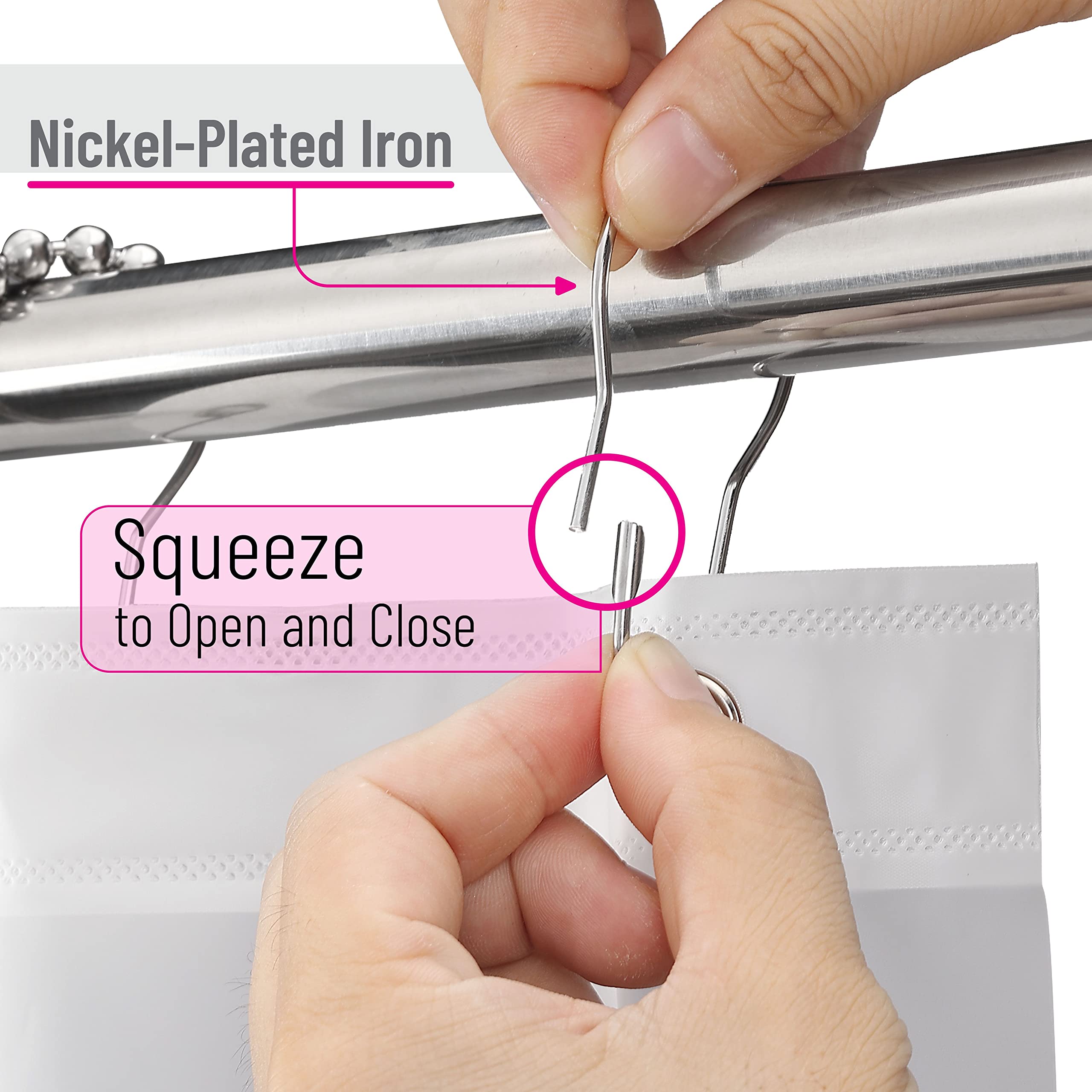 12 Pack Slick Rust-Proof Shower Curtain Rings - Silver Metal Hooks for Bathroom Curtains | Durable & Stylish for Home, Hotel, and Apartment Bathrooms