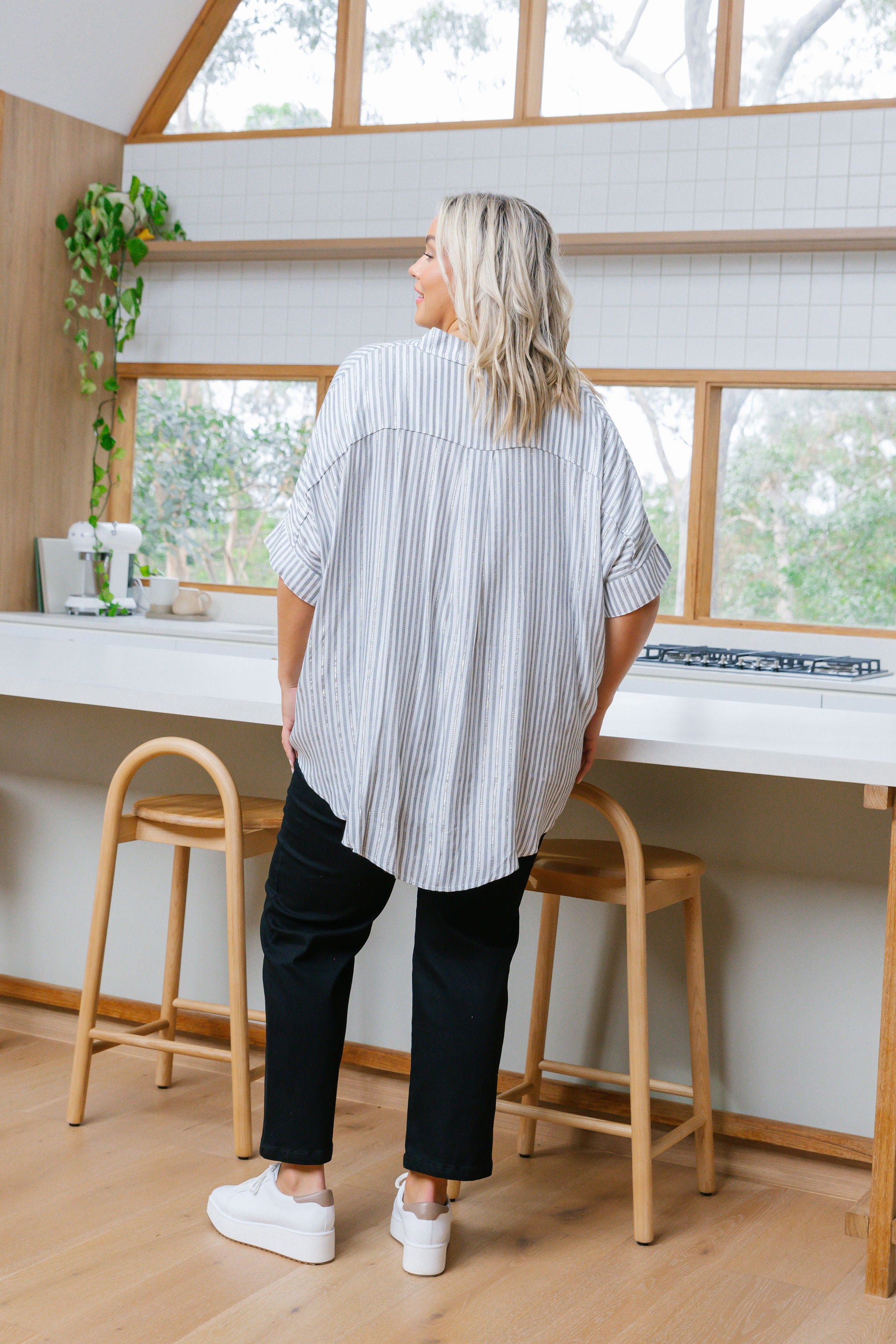 Tammin Women's White & Metallic Stripe Casual Shirt - Perfect for Office Wear, Date Nights & Everyday Outfits