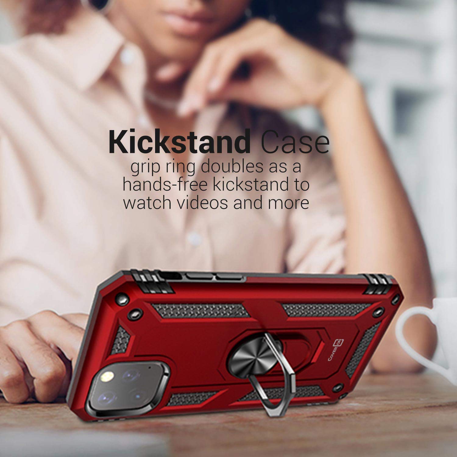 Premium Metal Ring Holder & Kickstand Case for iPhone 11 Pro (2019) - Anti-Slip Grip, 360° Rotating Stand - Perfect for Watching Videos, Video Calls & Hands-Free Use - Red Protective Cover