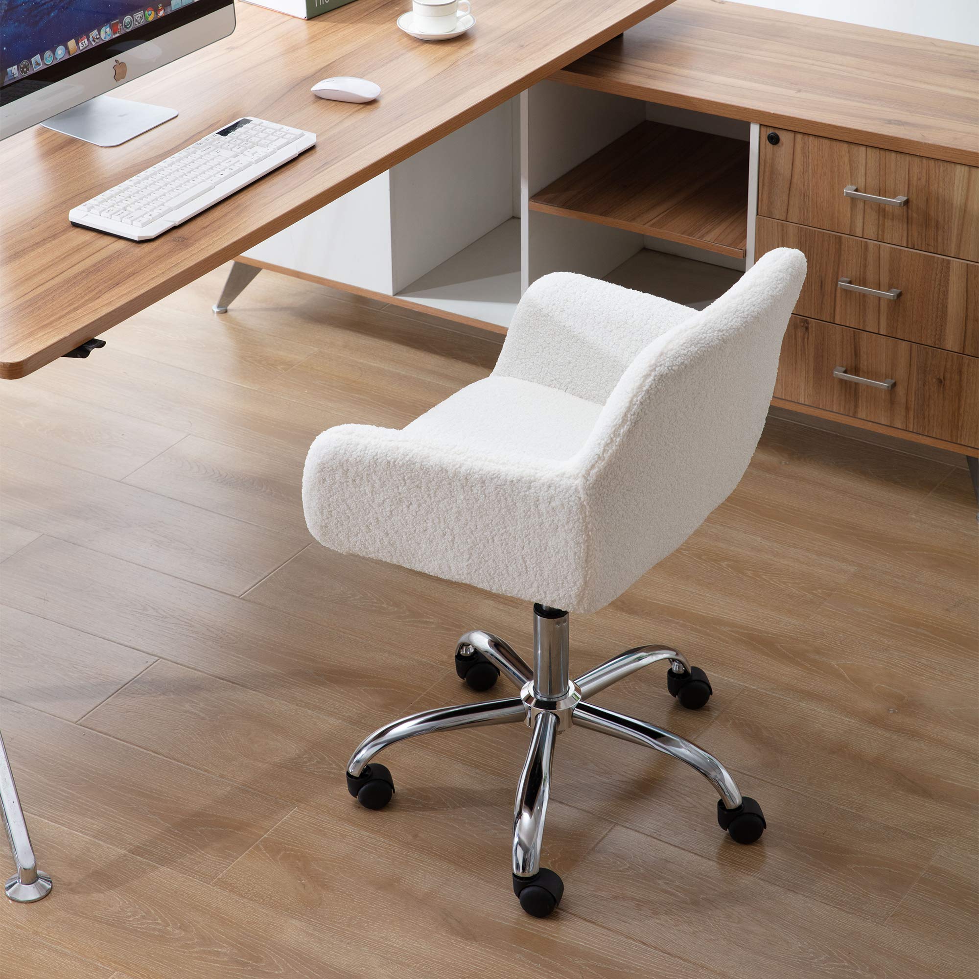 Fluffy Pink Faux Fur Swivel Desk Chair with Wheels - Adjustable Height Vanity Chair for Makeup Room, Teen Girls Bedroom & Home Office - Soft Computer Chair for Study, Gaming & Workspace (White)