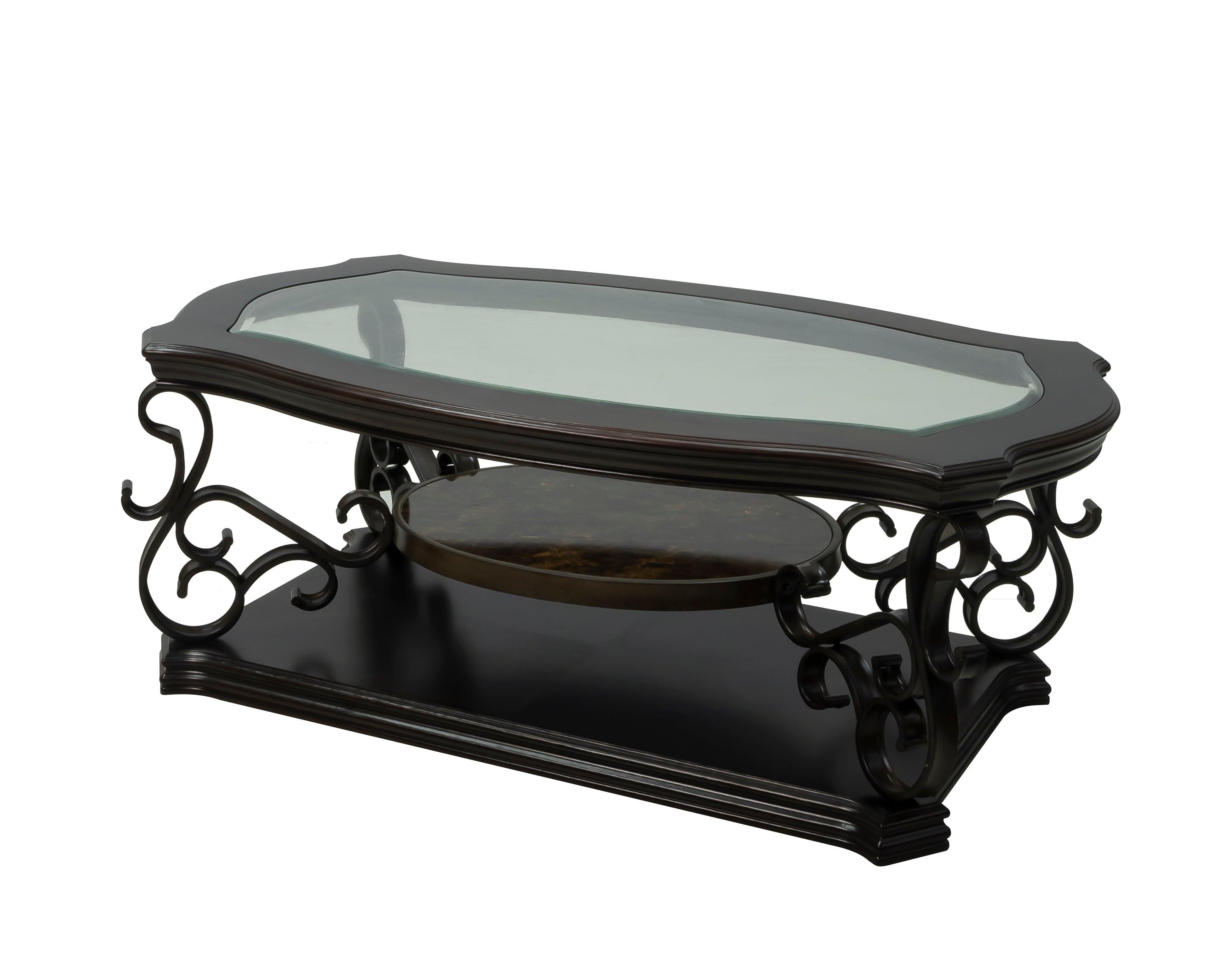 Modern Cocktail Table with Glass Top & MDF Marble-Pattern Shelf - Powder Coated Metal Legs (52