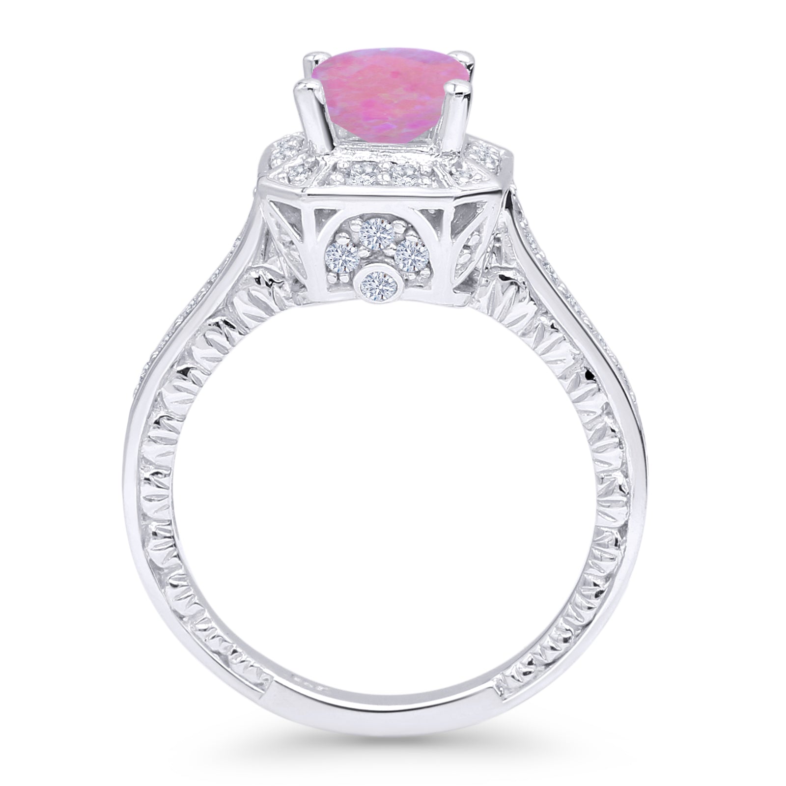 14K White Gold Art Deco Princess Cut Halo Lab-Created Pink Opal Ring for Women - Elegant Vintage Engagement, Wedding, Anniversary & Special Occasion Jewelry Gift