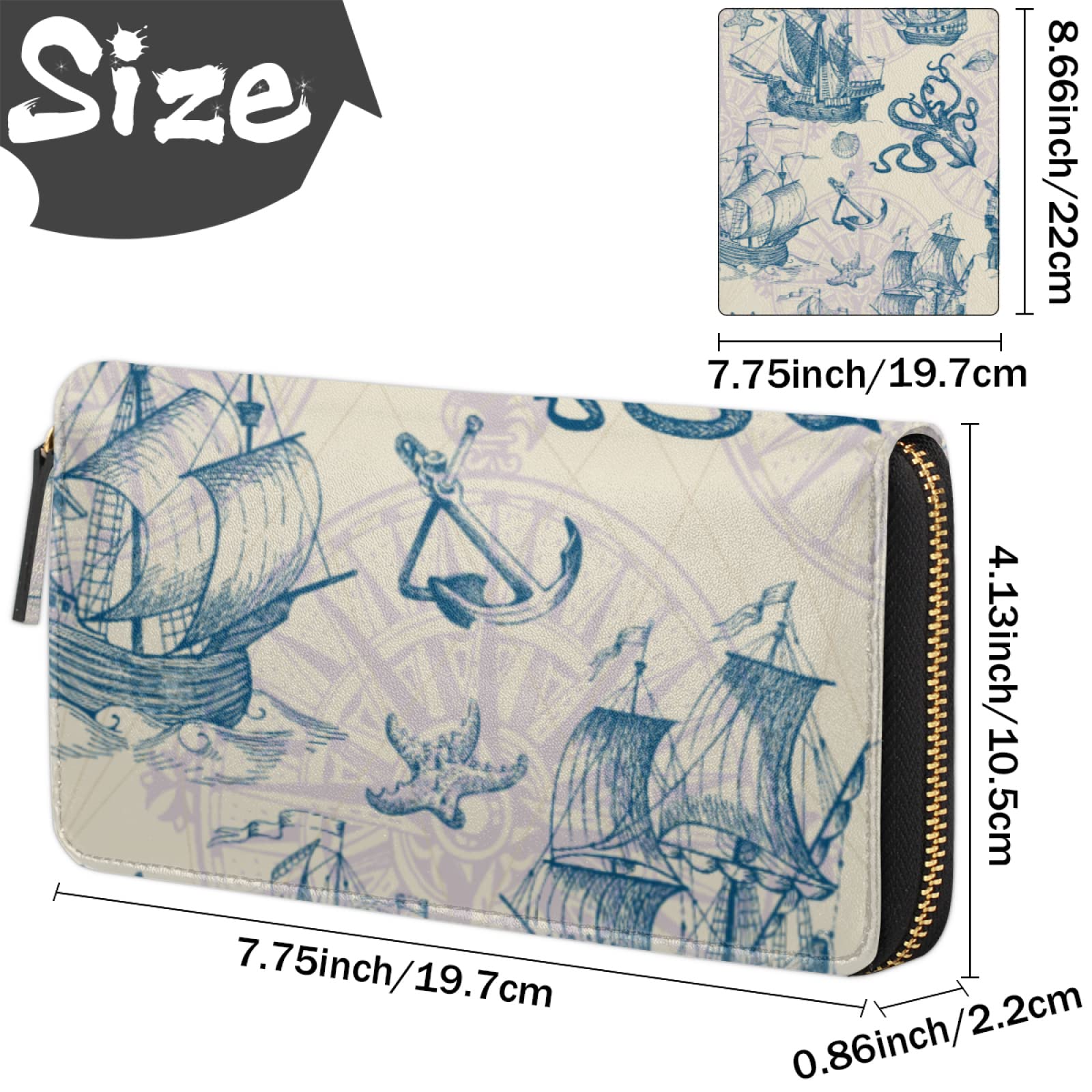 Vintage Nautical Sailboat Leather Wallet for Women - Large Credit Card Holder with Zipper Coin Purse & Phone Pocket - Slim Bifold Wallet for Everyday Use, Travel, and Gifts