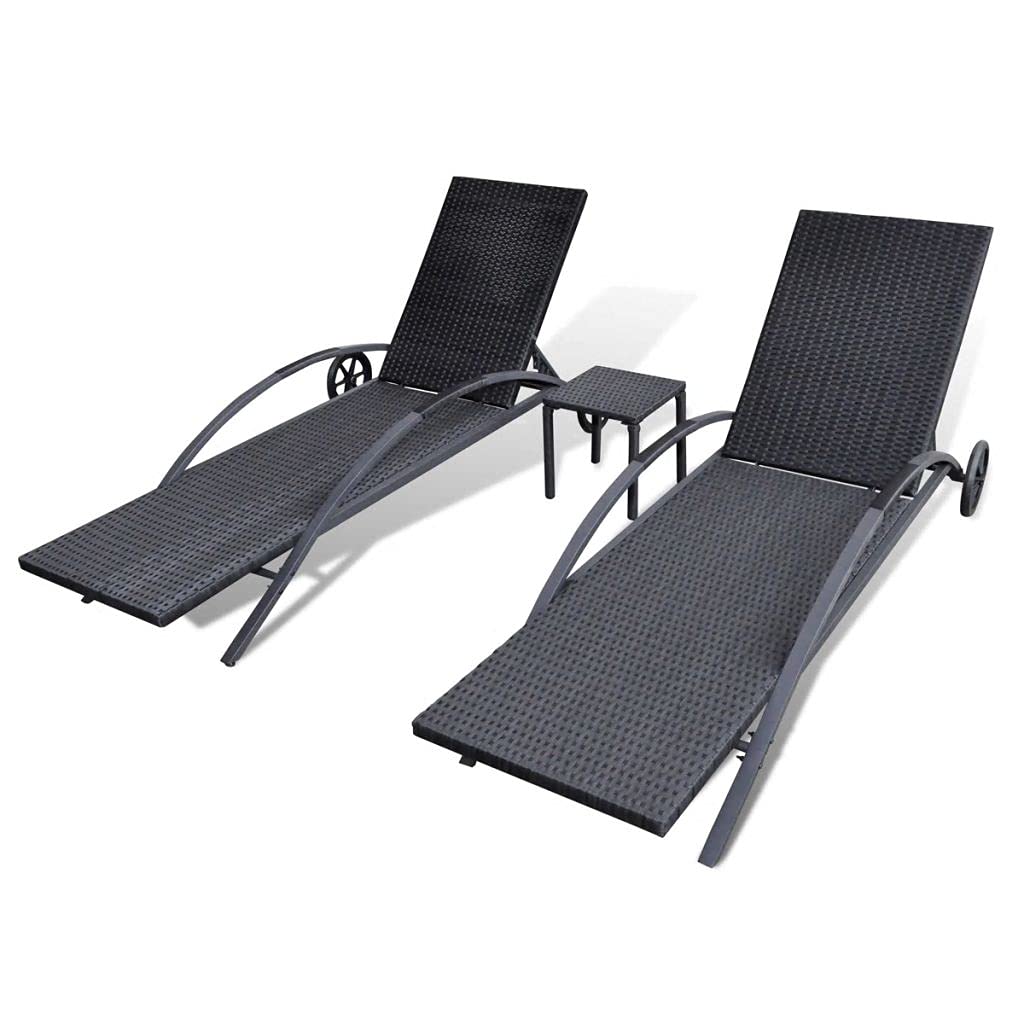 Outdoor Balcony Lounger with Coffee Table - Padded Rattan Sun Lounger Set for Patio, Garden or Poolside Relaxation (Black)