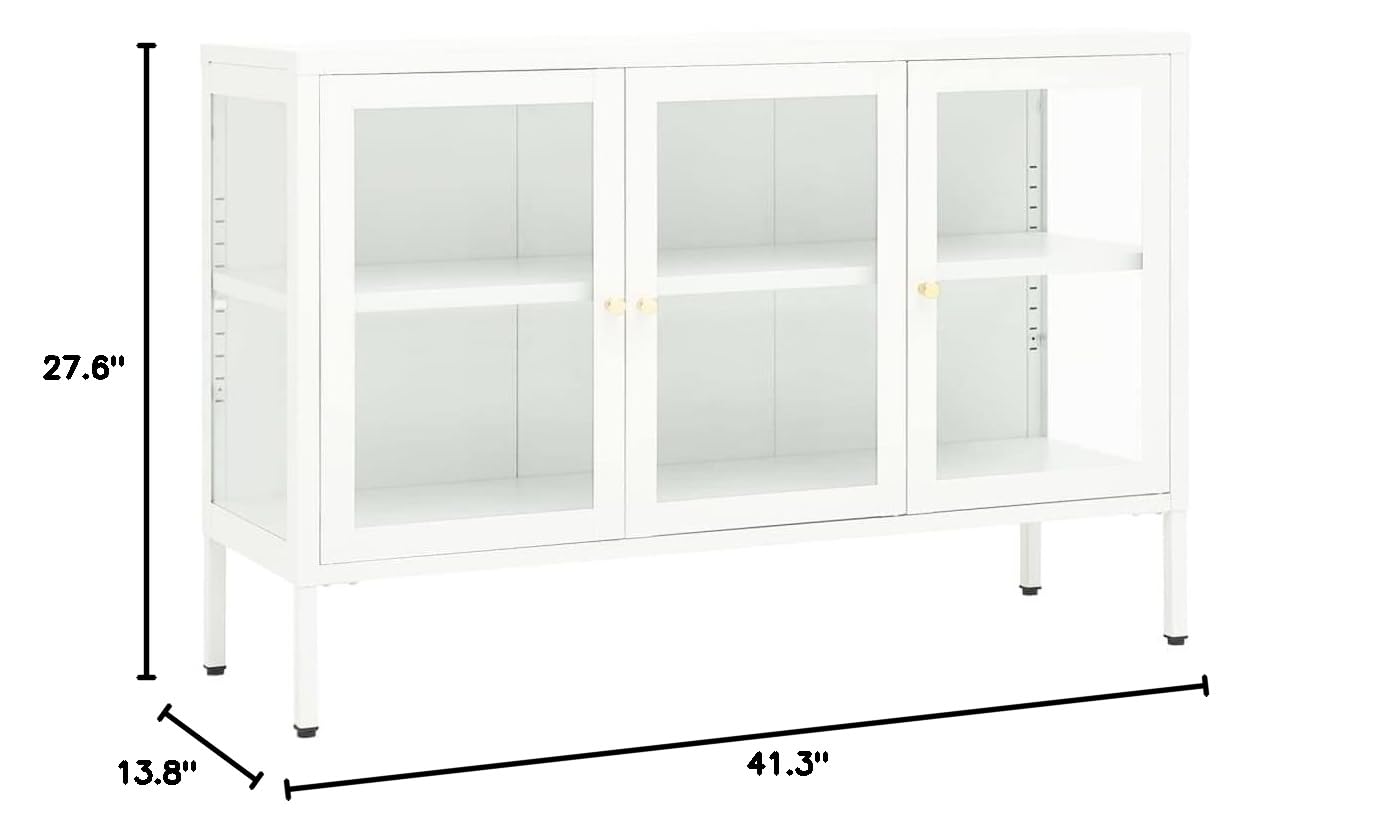 FAMIROSA White Modern Steel Sideboard Cabinet with 3 Doors & Adjustable Shelf - 41.3