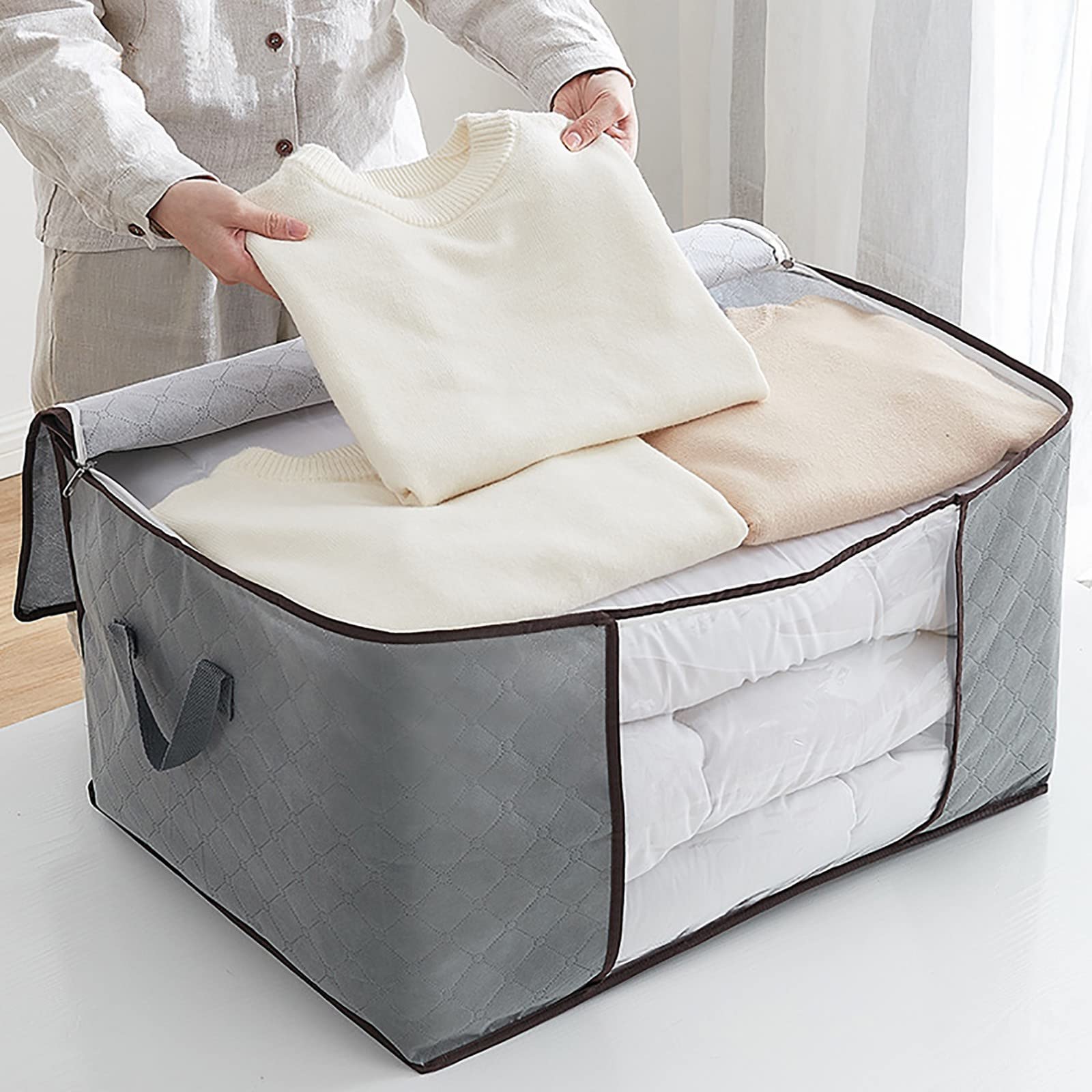 90L Large Foldable Storage Bags - 2 Pack Clothes & Blanket Organizer with Handles | Space-Saving Closet Storage Solution for Bedding, Comforters & Seasonal Clothing