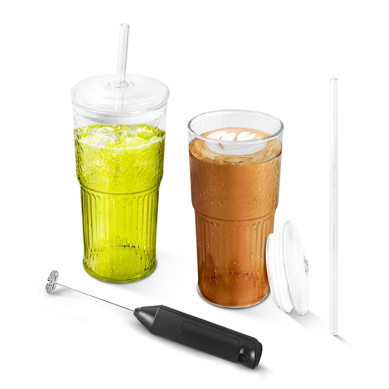 2 Pack 22oz Iced Coffee Glass Tumbler with Straw & Lid - High Borosilicate Reusable Drinking Cups for Smoothies, Juice, Water - Perfect for Office, Travel, Camping & Home Use