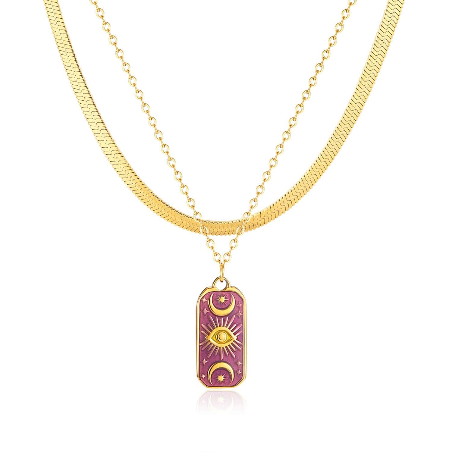 Moon Star Herringbone Pendant Chain Necklace - 18K Gold Plated Stainless Steel Jewelry for Women | GX2279 | Perfect for Date Night, Wedding & Everyday Elegance