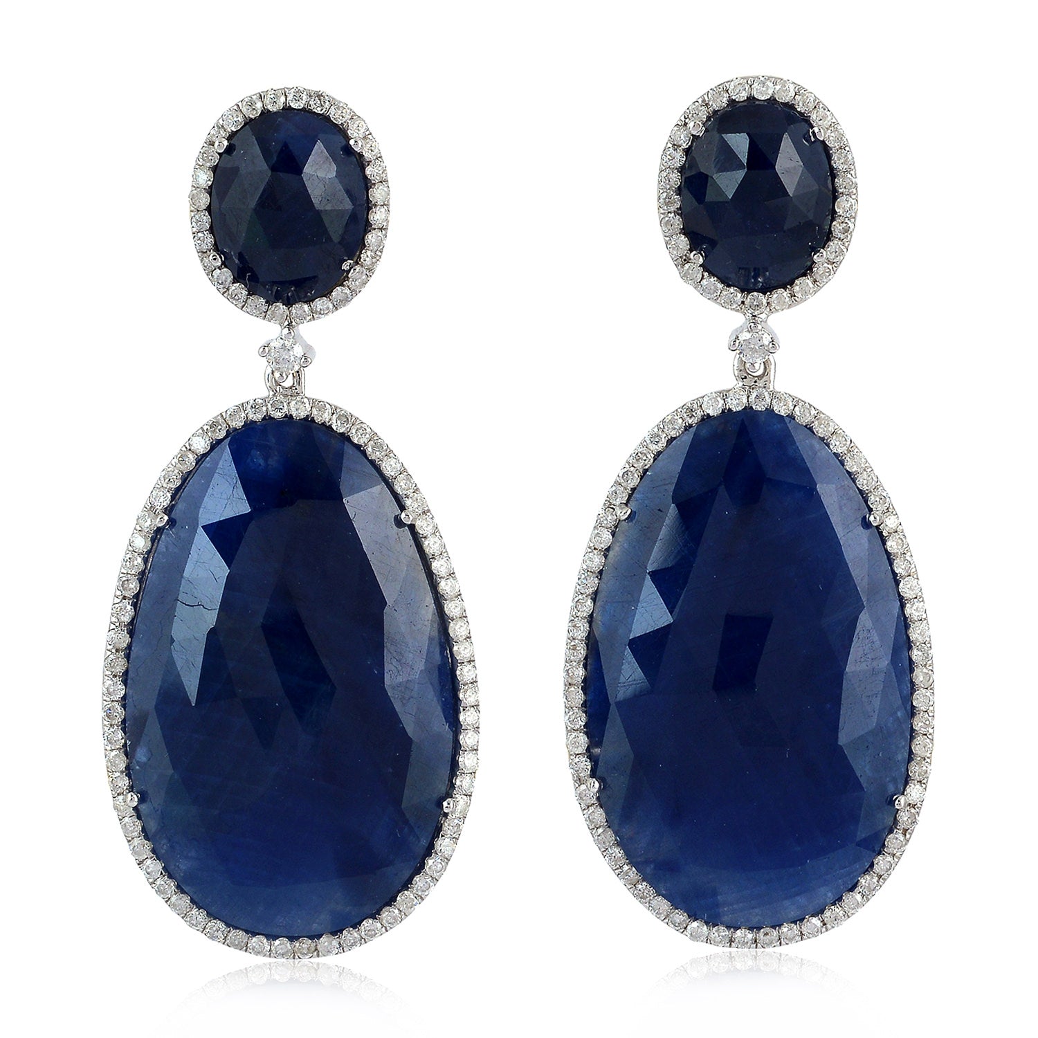 Blue Sapphire & Diamond Dangler Earrings in 14K White Gold – Oval Cut Gemstone Prong Setting for Weddings & Evening Events