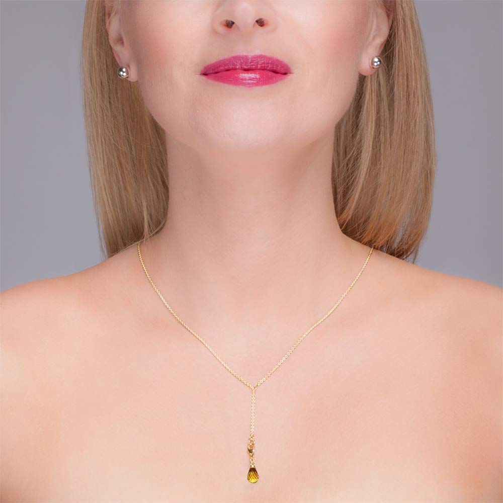 14K Yellow Gold and Natural Citrine Gemstone Lariat Necklace - Elegant Jewelry Gift for Women, Mom, Daughter, Girlfriend, Wife - Perfect for Birthday, Anniversary, Valentine's Day & Special Occasions
