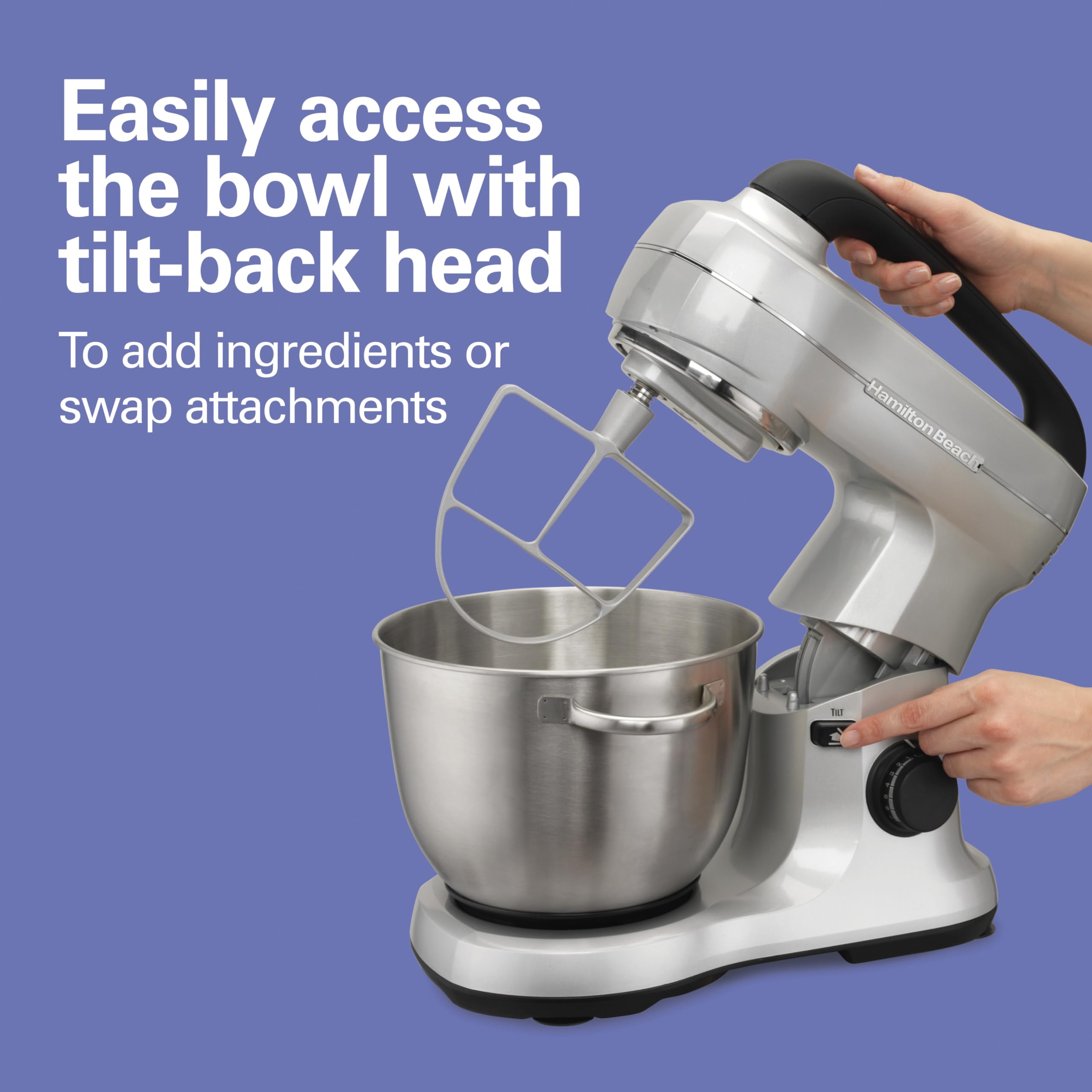 Hamilton Beach 4-Quart Electric Stand Mixer with Dough Hook, Flat Beater & Whisk - 7 Speed Settings & Splash Guard - Perfect for Baking Bread, Cakes & Cookies (Silver)