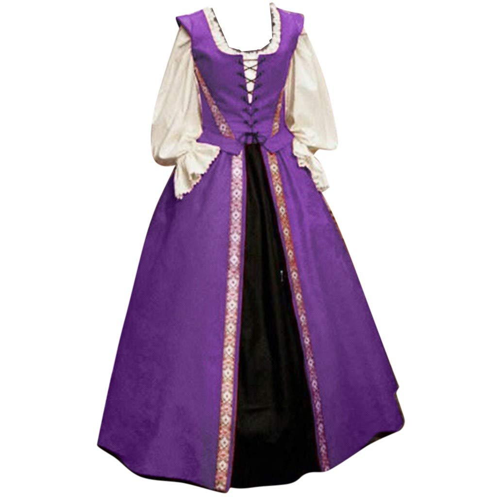 F_Gotal Women's Renaissance Medieval Costume Dress - Vintage Gothic Floor Length Gown for Cosplay, Masquerade Balls & Historical Reenactments | Elegant Retro Long Dress for Halloween, LARP & Themed Parties