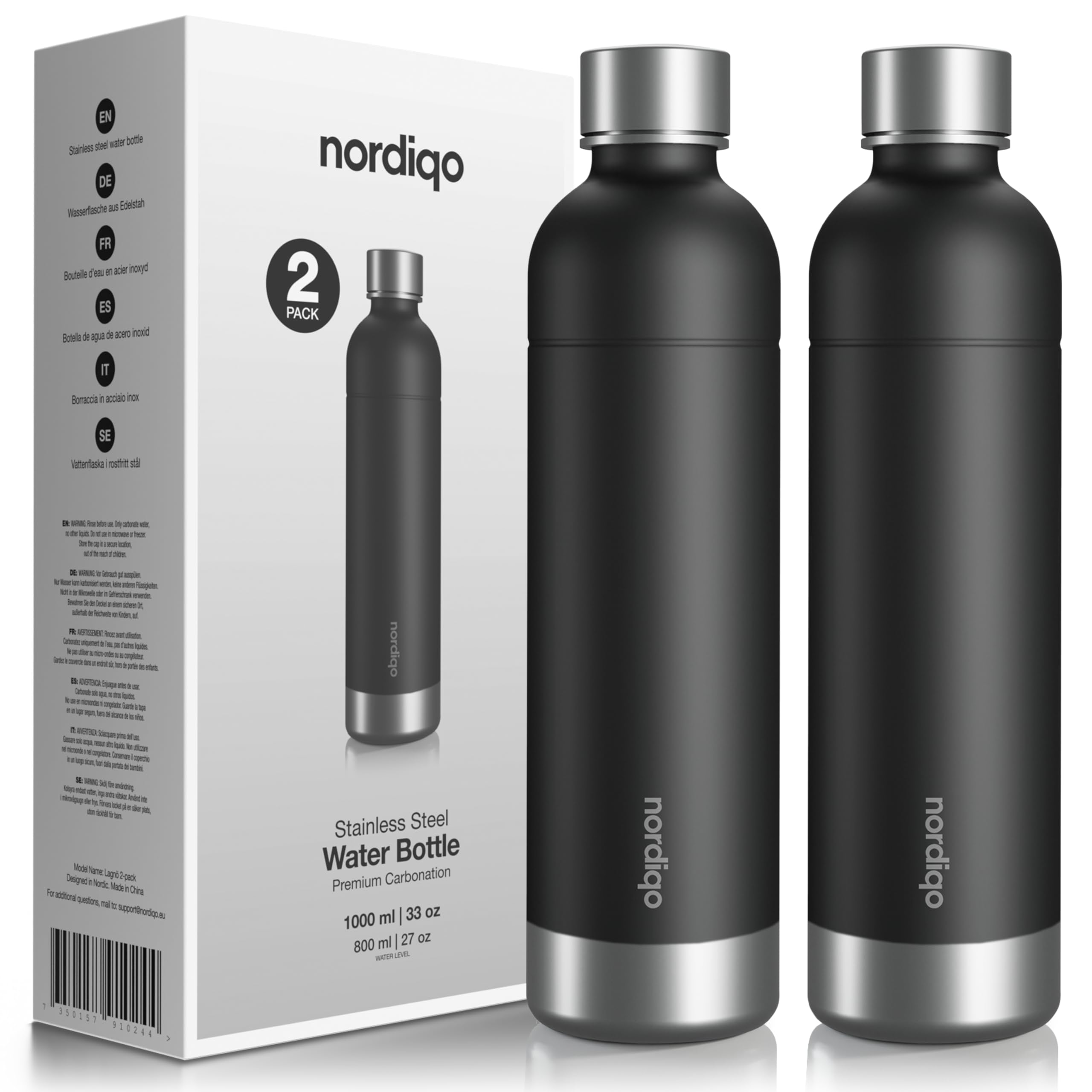 Premium 33 oz Stainless Steel SodaStream & Aarke Compatible Water Bottle - BPA-Free, Leak Proof, Dishwasher Safe - 2-Pack for Home, Office & Outdoor Activities