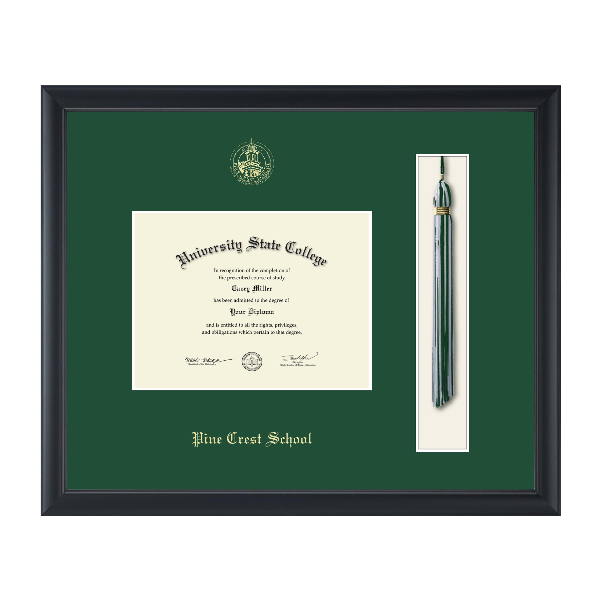 Pine Crest School 8x6 Inch Diploma Frame with Gold Tassel - High School Graduation Display - Black Frame with Tartan Green Mat - Perfect for Wall Mounting & Office Decor