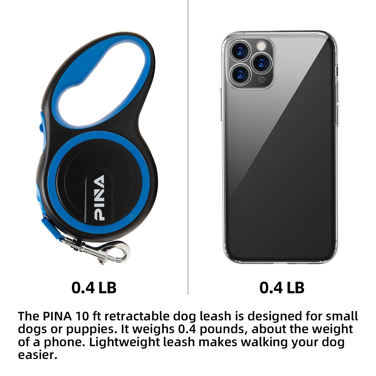 PINA Retractable Dog Leash - 10ft Strong Reflective Nylon Tape Leash for Small Dogs Up to 33lbs, 360° Tangle-Free Design with Anti-Slip Handle & One-Handed Brake Lock - Perfect for Walking, Jogging, and Nighttime Safety (Black/Blue)