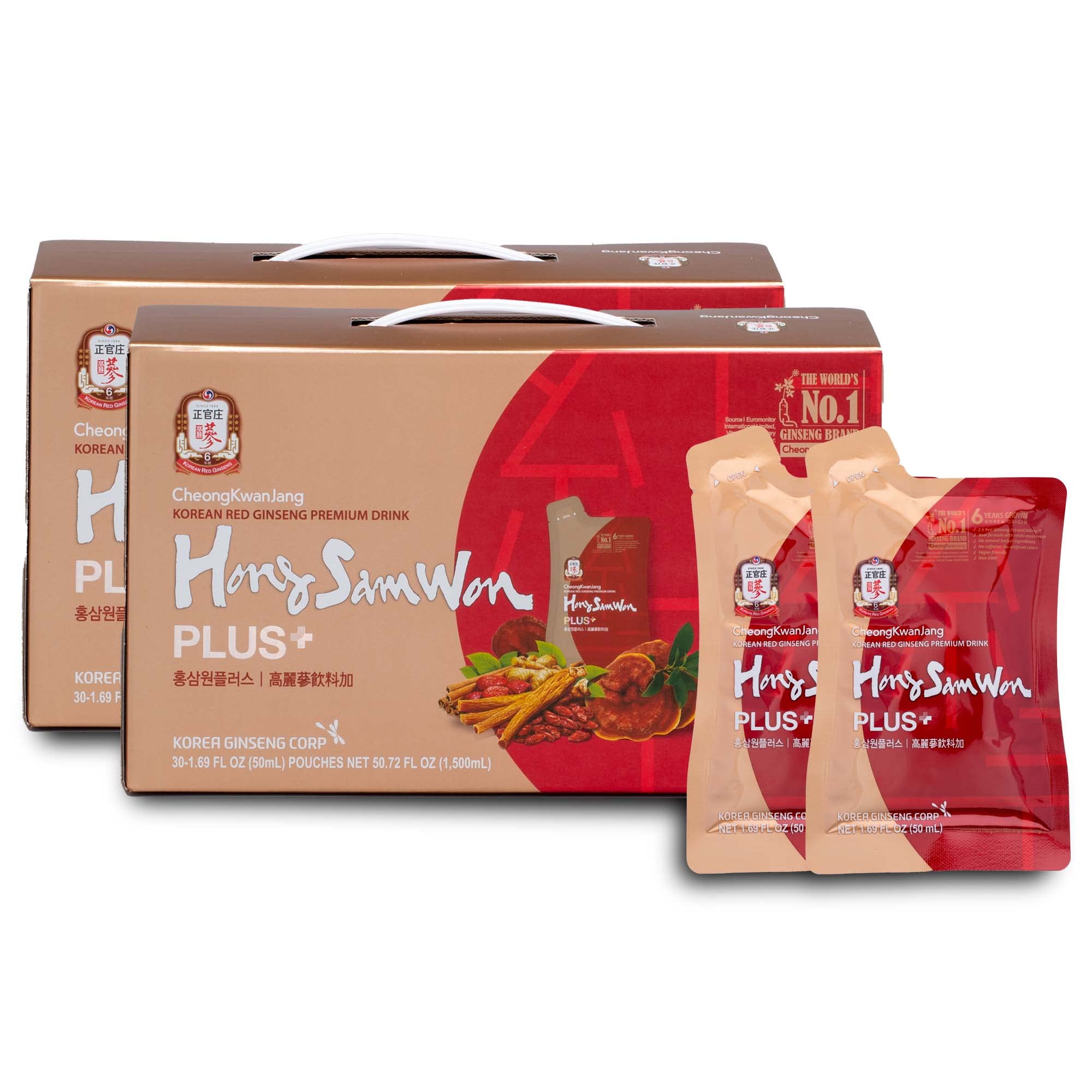 Hong Sam Won Plus - Korean Red Ginseng Energy Drink by CheongKwanJang | 100% Pure Panax Ginseng Extract | Natural Pre-Workout Boost for Men & Women | Enhances Focus & Productivity | 60 Single-Serve Pouches | Ideal for Office Workers, Students & Fitness Enthusiasts