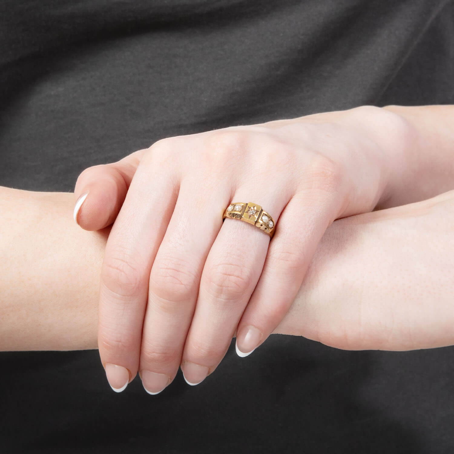 Exquisite Victorian Style 15K Gold Diamond and Pearl Ring – Elegant Antique Jewelry for Weddings, Anniversaries & Special Occasions