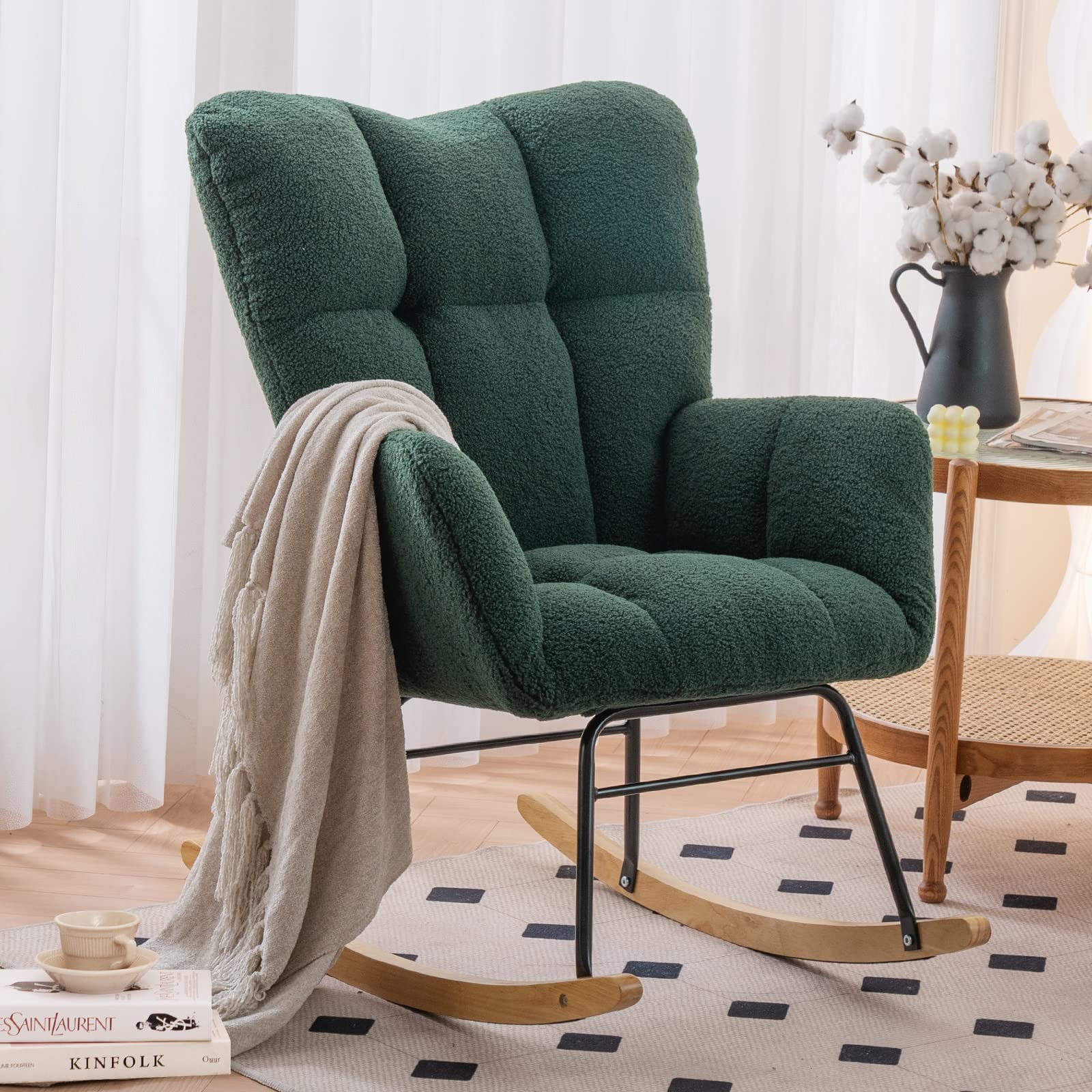 NIOIIKIT Nursery Rocking Chair - Soft Teddy Fabric Upholstered Glider Rocker with Padded Seat & High Backrest - Comfortable Accent Armchair for Living Room, Bedroom, Nursery (Green Teddy) - Perfect for Nursing, Reading & Relaxing