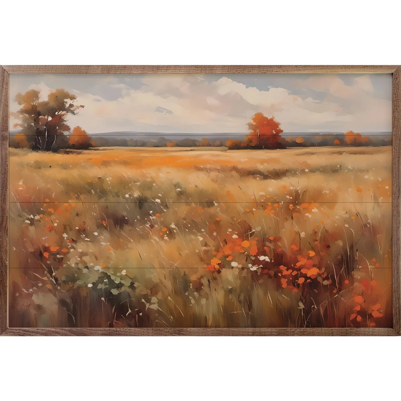 Autumn Field Landscape Orange Wood Framed Wall Art Print - Perfect for Living Room, Bedroom & Office Decor