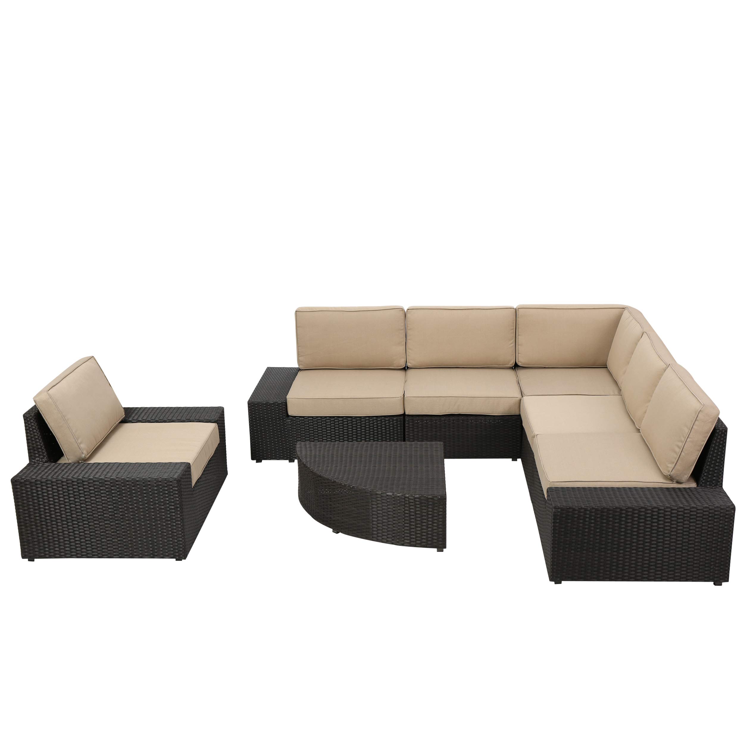 Premium Santa Cruz Outdoor Wicker Patio Furniture Set - 7-Piece Sectional Sofa with Coffee Table, Chairs & Weather-Resistant Cushions in Brown/Beige - Perfect for Garden, Backyard, Poolside or Terrace Relaxation