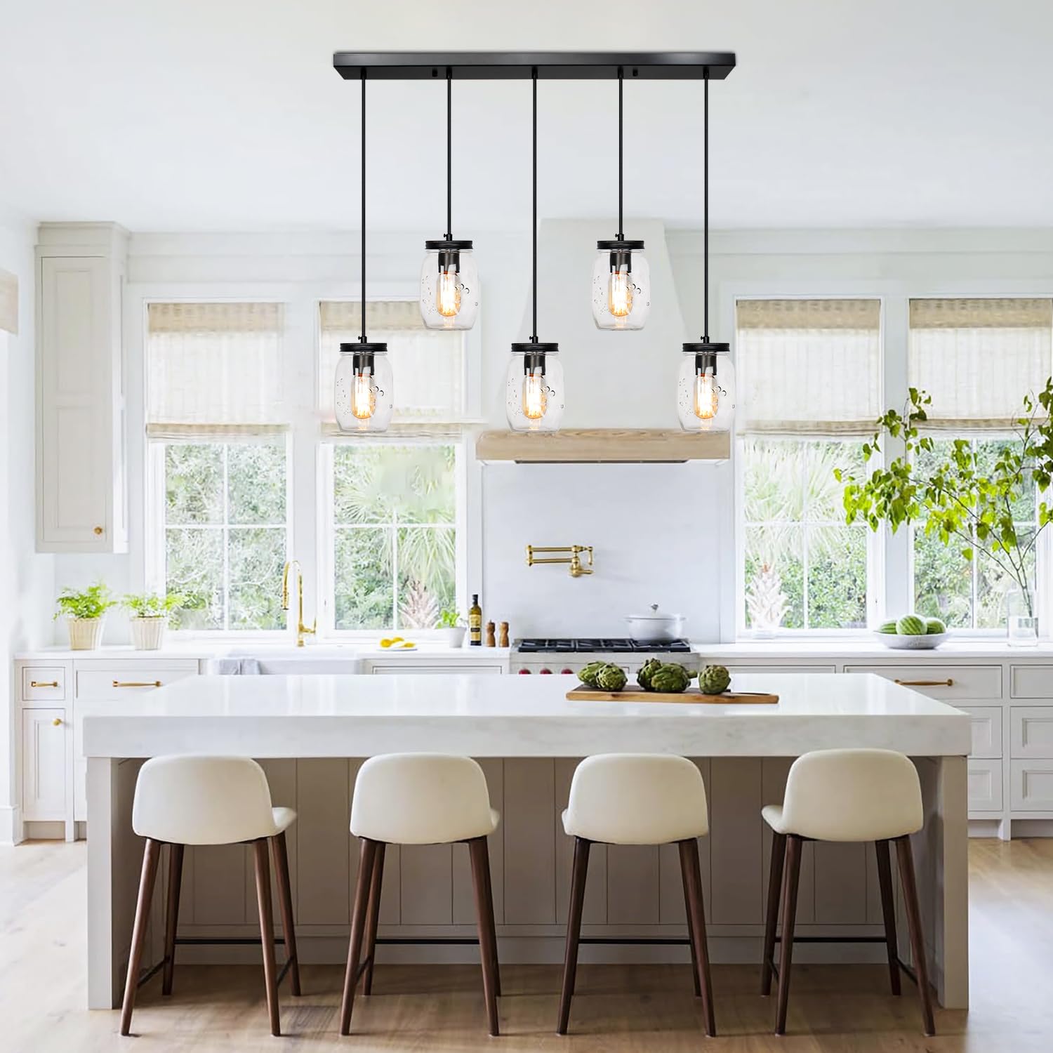 5-Lights Mason Jar Pendant Lighting - Farmhouse Glass Jar Ceiling Light Fixture for Kitchen Island, Dining Room, Farmhouse Decor - Perfect for Barn, Hallway & Stairway Lighting
